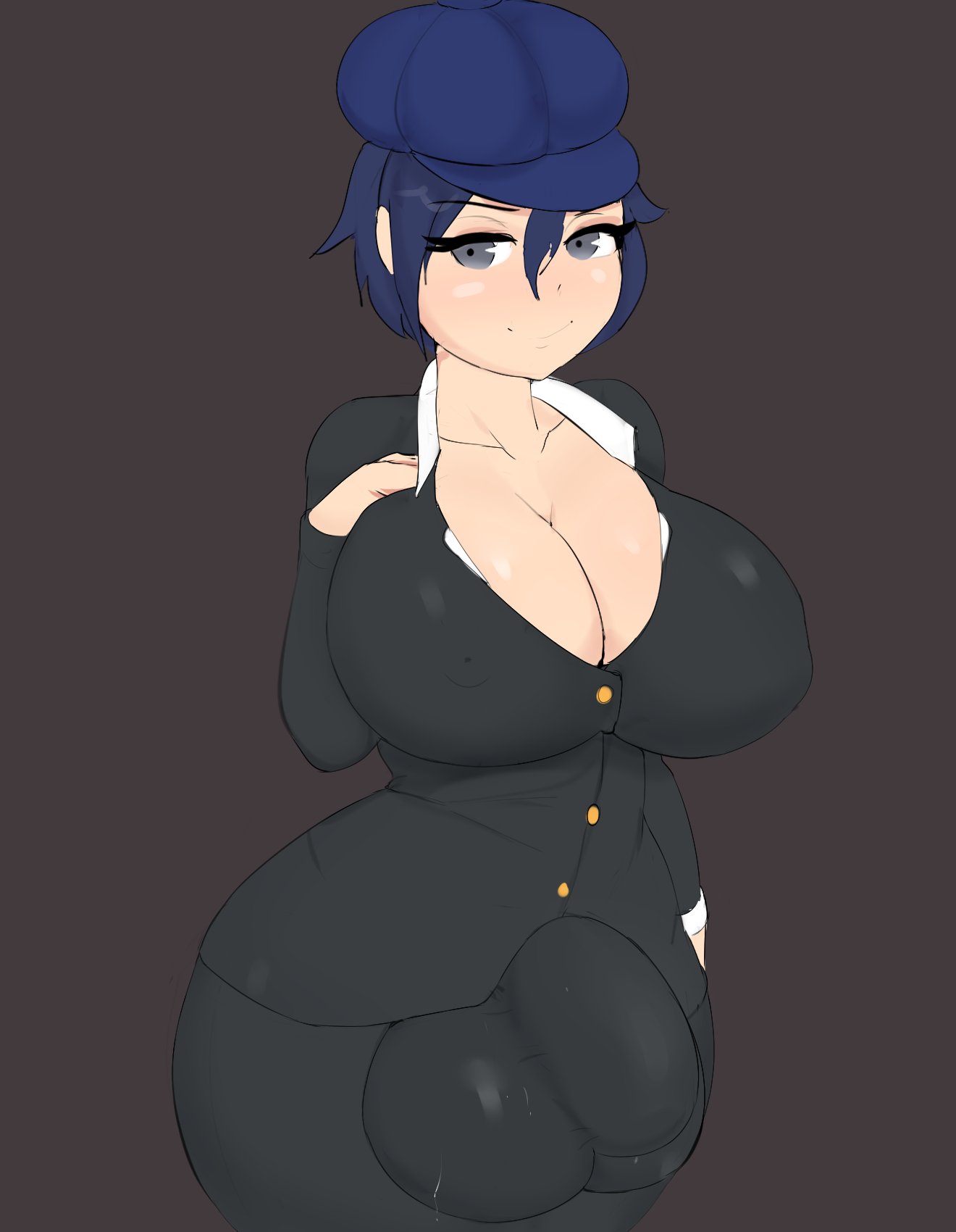 1futa, balls, big breasts, blue hair, breasts, bulge, cleavage, clothed, clothing, dickgirl, fully clothed, futa only, futanari, g3mma, hat, huge balls, huge breasts, huge cock, human, intersex, large breasts, nipple bulge, penis, penis under clothes, persona, persona 4, shirogane naoto, solo, solo futa