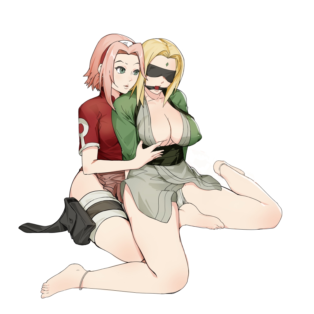 2girls, age difference, alternate costume, anklet, arms behind back, ball gag, bandaged leg, bandages, bangs, bare legs, barefoot, big breasts, blonde hair, bondage, bottomless, breasts, bsdm, cleavage, clothing, covered eyes, dress shirt, erect nipples, facial mark, feet, female, female only, forehead mark, forehead protector, gag, gagged, green eyes, hairband, haori, kimono, medium breasts, naruto, naruto (classic), naruto (series), naruto shippuden, nipples, no pants, older female, panties, partially clothed, pink hair, puffy nipples, sakura haruno, sash, simple background, sitting, skirt, spread legs, teacher and student, toes, touching breast, tsunade, underwear, visible nipples, white background, younger female, yuri