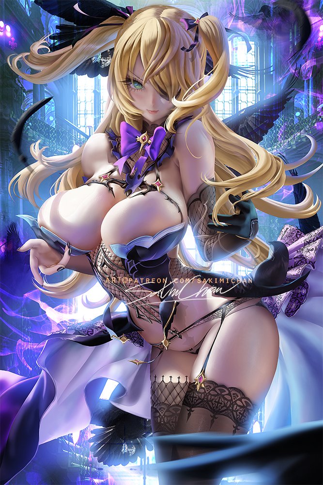 1girls, aged up, big breasts, blonde hair, breasts, cleavage, female, female only, fischl (genshin impact), garter belt, genshin impact, green eyes, large breasts, looking at viewer, panties, pinup, sakimichan, solo, thick thighs, thighhighs, wide hips