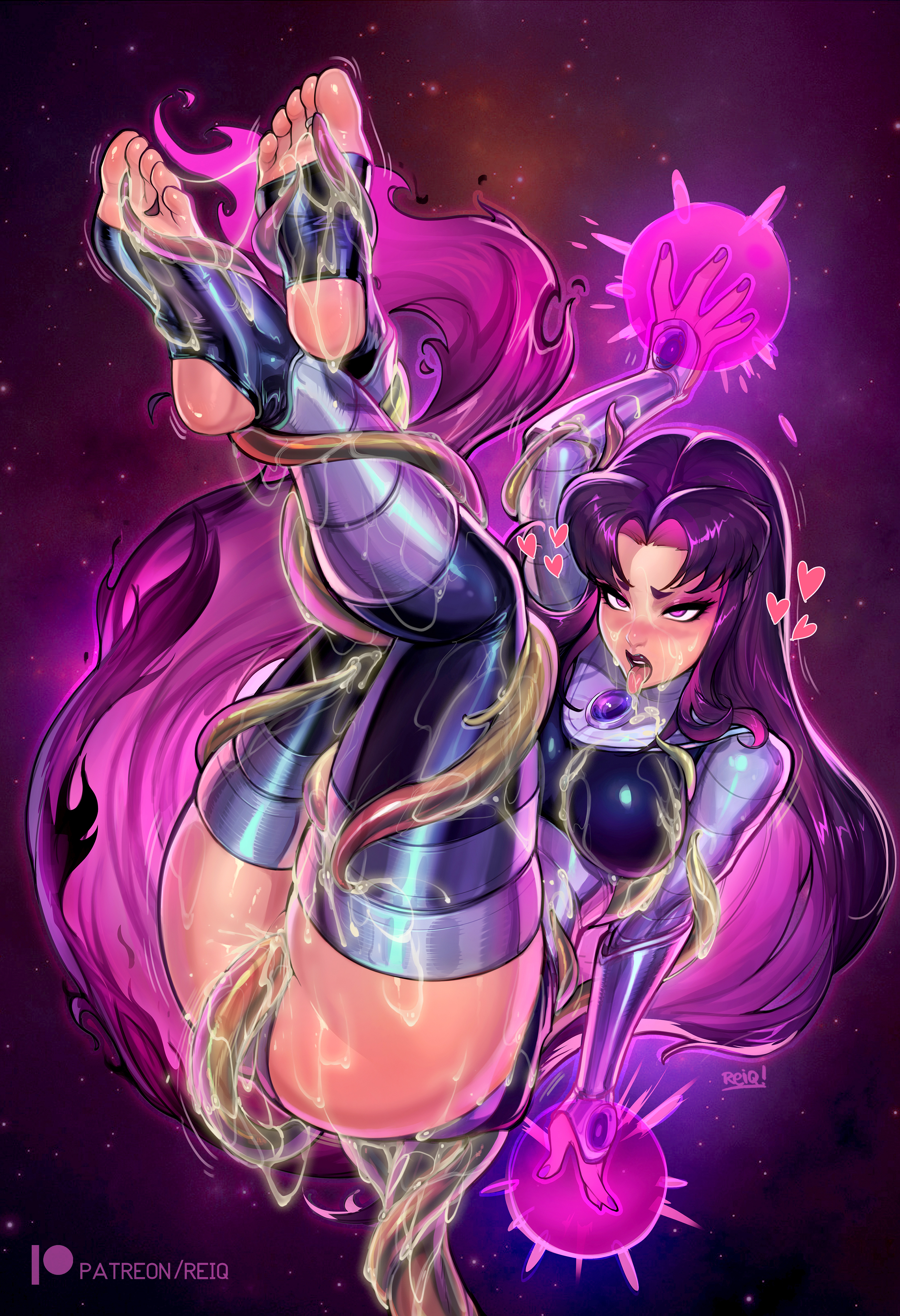 2d, alien, ass, between toes, blackfire, blush, cum, cum between toes, dc, dc comics, feet, female, high resolution, komand'r, large filesize, miniskirt, nail polish, purple hair, reiq, skirt, soles, stirrup legwear, suggestive fluid, teen titans, tentacle, tentacle between toes, thong, toes, uncensored, very high resolution