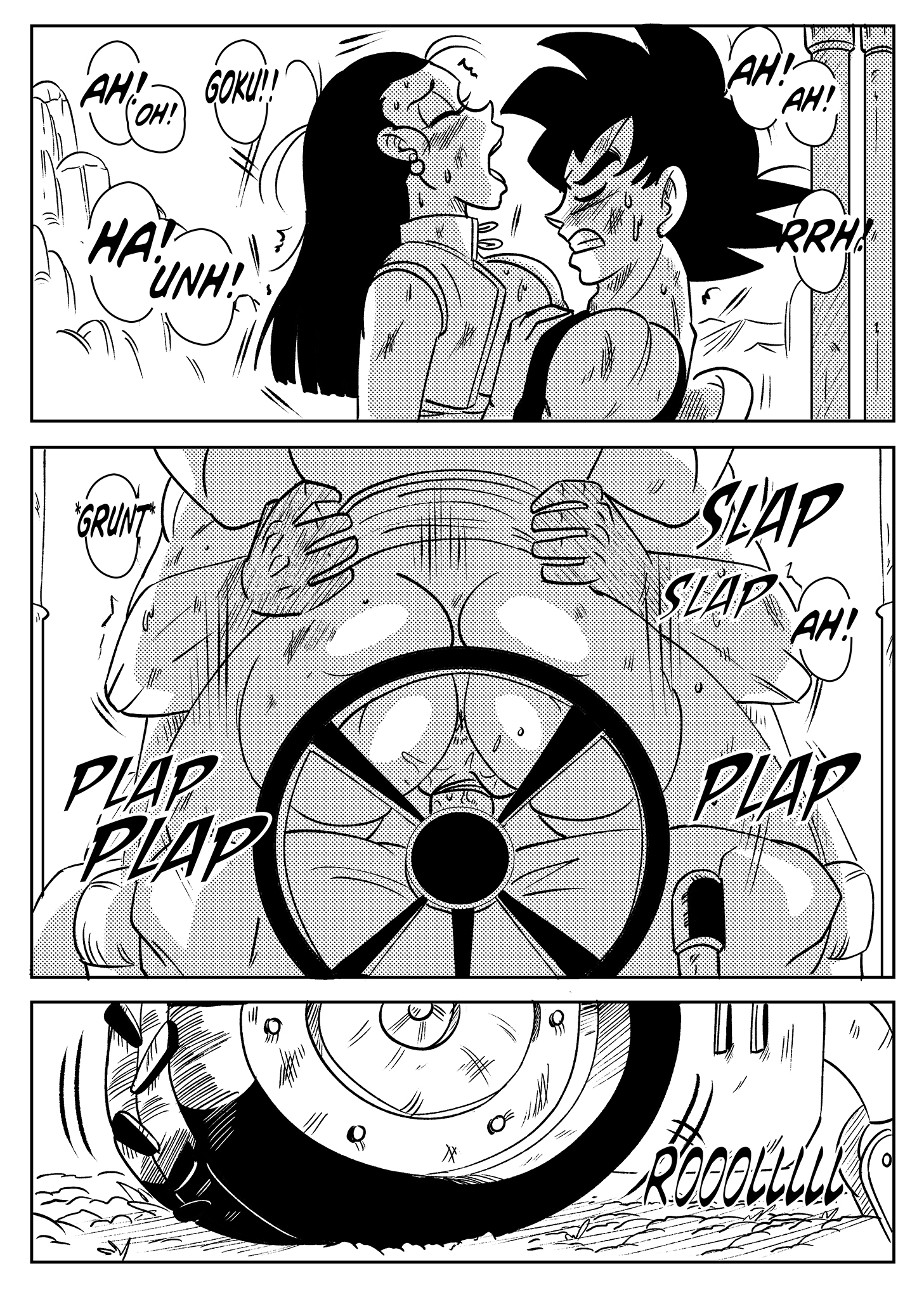 1boy, 1girls, anus, ass, big breasts, black hair, breasts, chichi, clenched teeth, comic, cowgirl position, dragon ball, dragon ball super, dragon ball z, exhibitionism, eyes closed, female, funsexydragonball, gritted teeth, long hair, male, monochrome, outdoors, public, pussy, sex, son goku, steering wheel, sweat, sweating, tractor, vaginal penetration