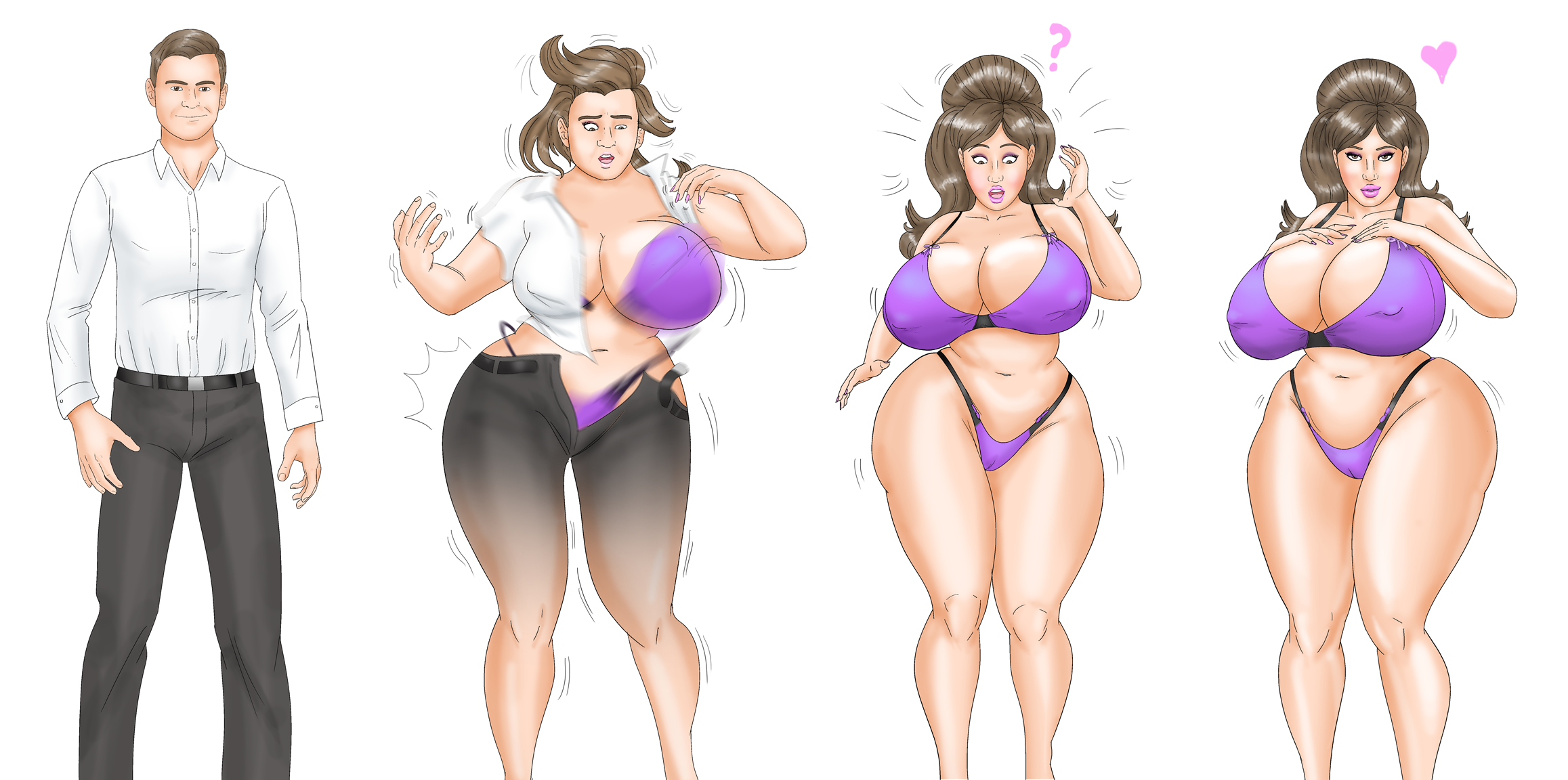 1boy, 1girls, bimbo, bimbofication, female, gender transformation, looking at viewer, looking pleasured, male, milf, purple bra, purple panties, rule 63, saturnxart, simple background, transformation
