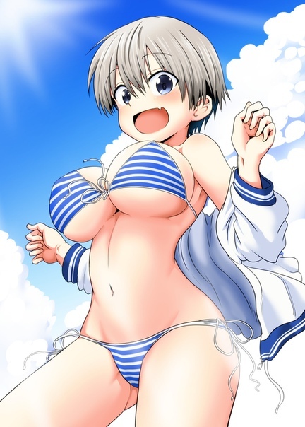 1girls, belly, bikini, blue eyes, breasts, female, female only, grey hair, happy, large breasts, navel, open mouth, short hair, striped bikini, tagme, take (shokumu-taiman), underboob, uzaki hana, uzaki-chan wa asobitai!