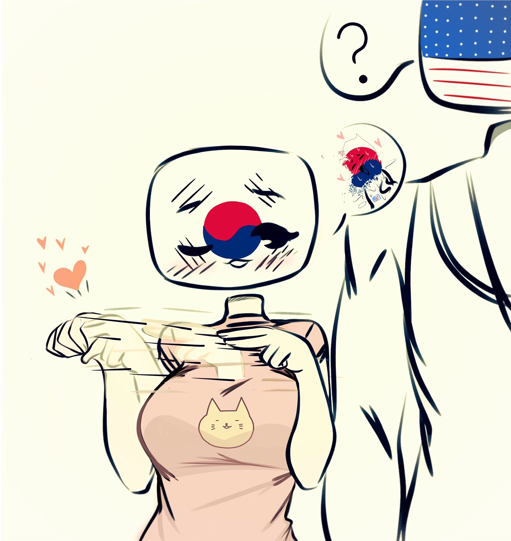 1boy, 1girls, countryhumans, countryhumans girl, female, flawsy, male, sexually suggestive, south korea (countryhumans), tagme, united states of america (countryhumans)