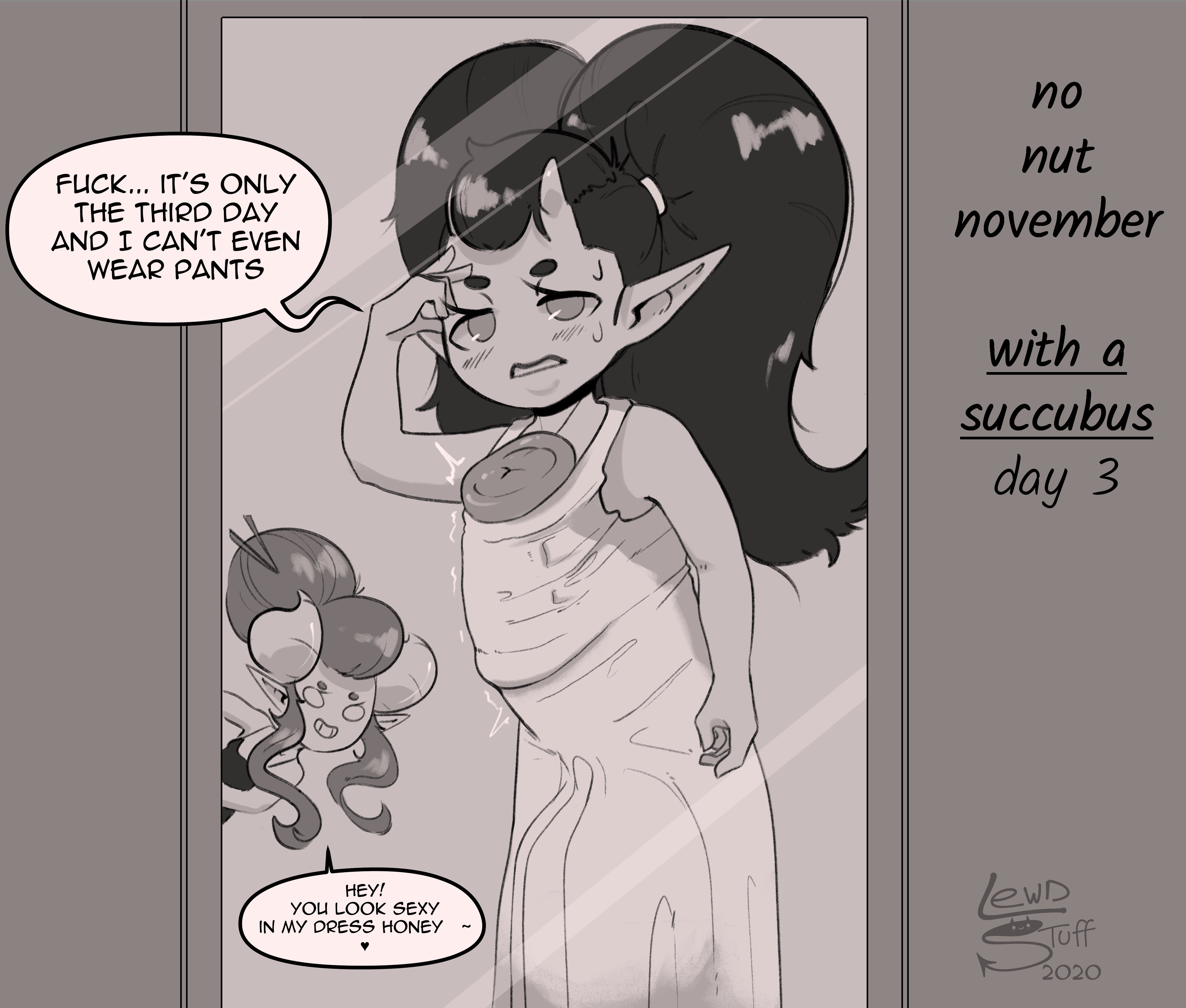 1futa, 1girls, animal genitalia, animal penis, areolae, balls, breasts, bulge, clothed, clothing, demon, dialogue, dress, female, futanari, horns, horsecock, huge balls, huge cock, humanoid, intersex, lewdstuff, long ears, mary (lewdstuff), mia (lewdstuff), monochrome, mostly clothed, no nut november, original, penis, petite, small but hung, solo focus, succubus, text, twitch lines