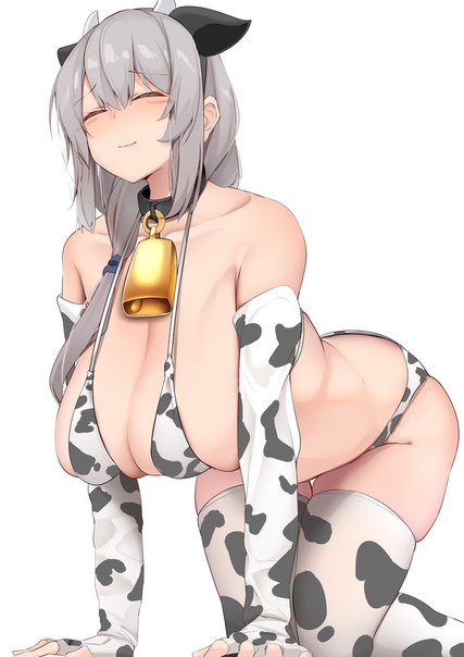 all fours, big breasts, blush, breasts, cleavage, cow bikini, cow print, cowbell, eyes closed, female, female only, solo, tagme, thighhighs, uzaki tsuki, uzaki-chan wa asobitai!