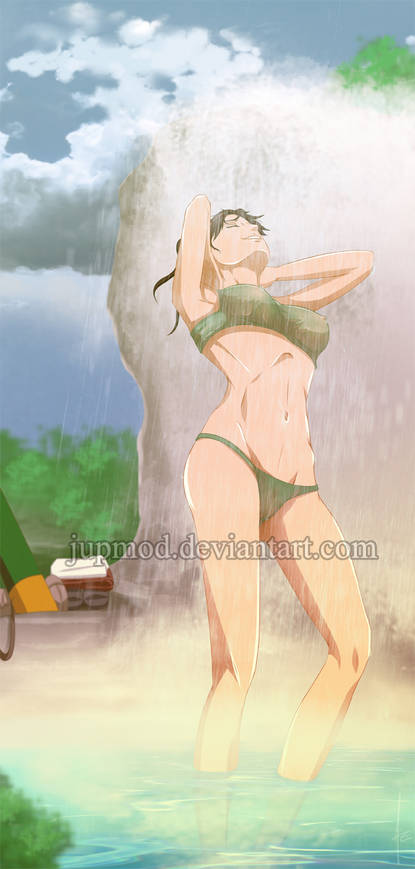 1girls, areolae, arms behind head, bra, breasts, brown hair, cameltoe, closed eyes, clothes removed, deviantart, female, female only, jupmod, naruto, naruto (series), naruto shippuden, nipples, panties, pants, partially submerged, pussy, sandals, scroll, shirt, smile, solo, tenten, underwear, vagina, visible nipples, water, water drop, waterfall, watermark, wet, wet body, wet hair, wet underwear