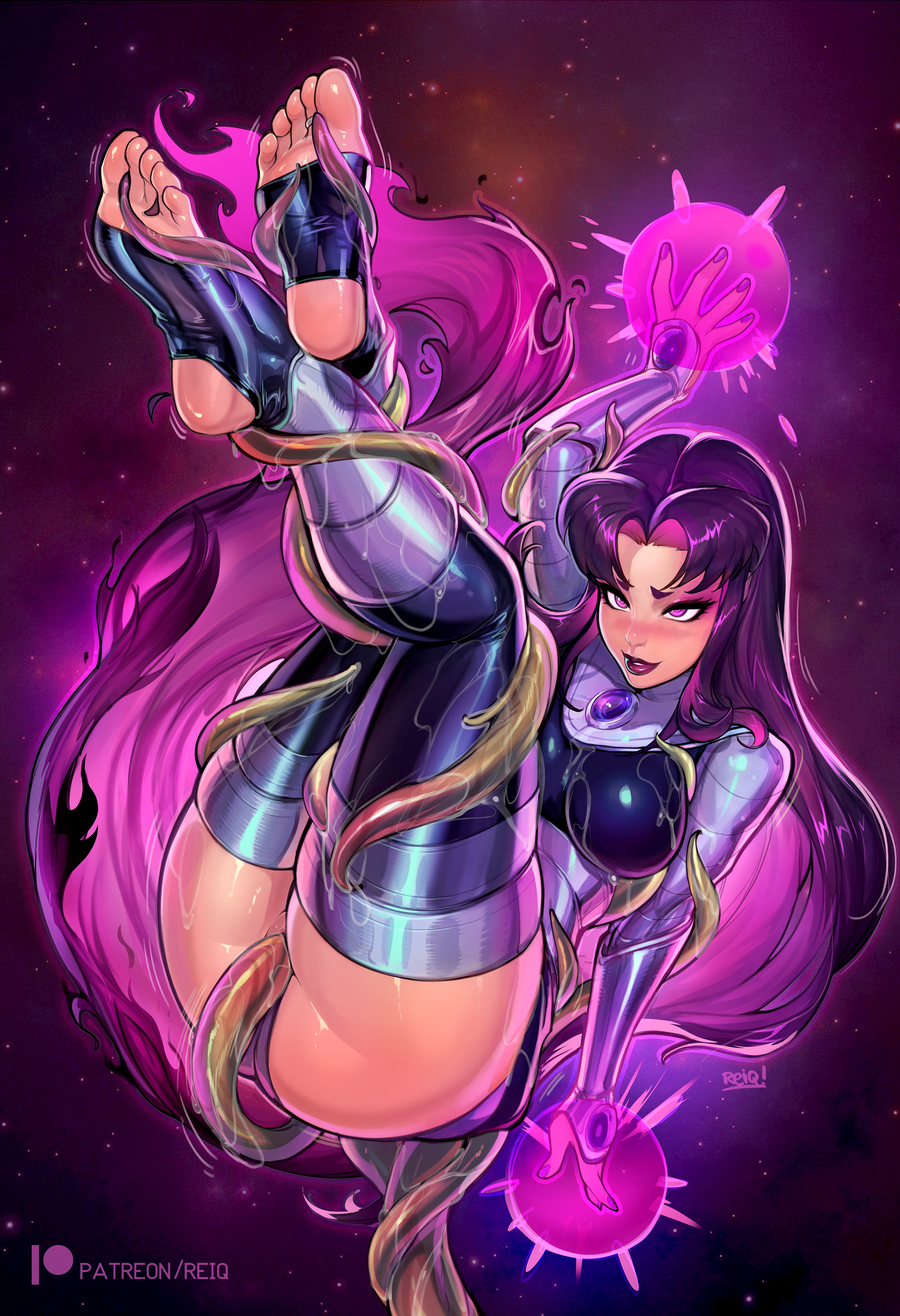 2d, alien, ass, blackfire, blush, dc, dc comics, feet, female, high resolution, komand'r, large filesize, miniskirt, nail polish, purple hair, reiq, skirt, teen titans, tentacle, thong, toes, uncensored, very high resolution