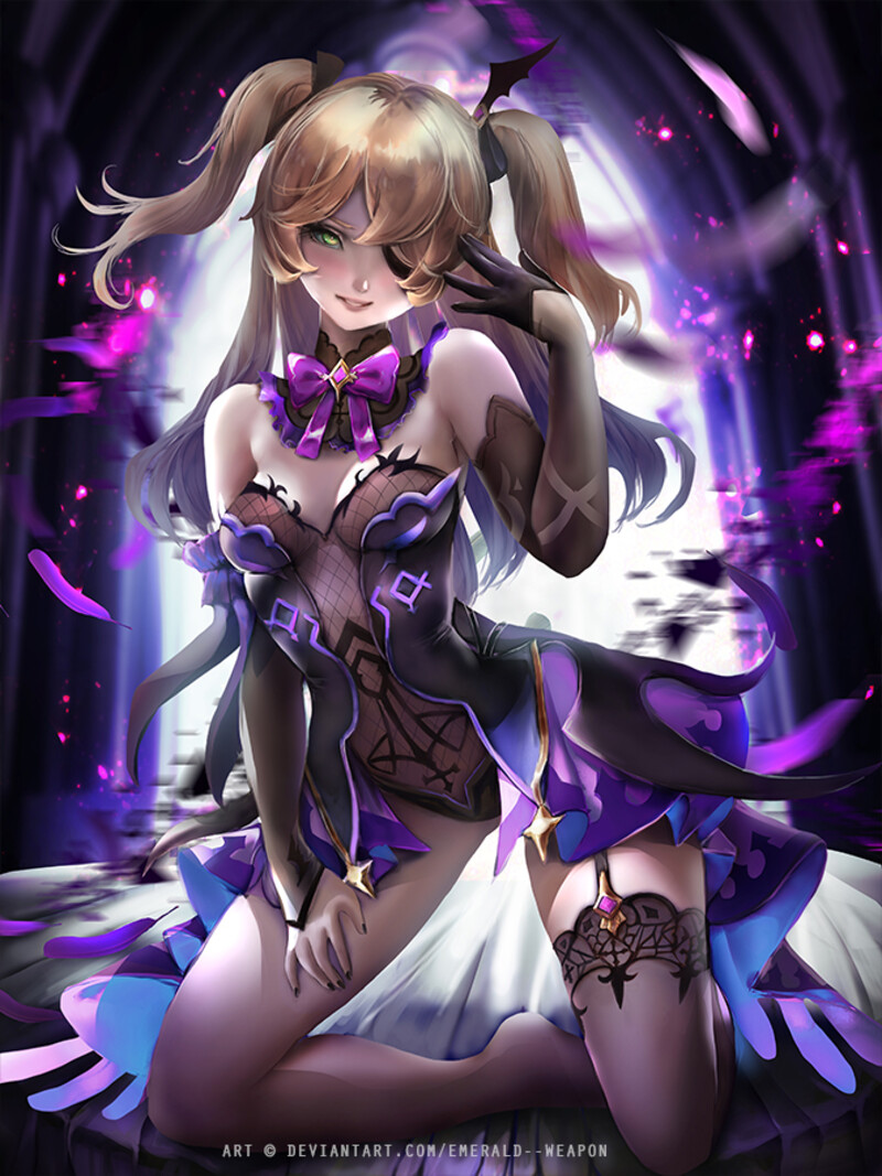black nail polish, blonde hair, blush, bodysuit, breasts, detached collar, emerald weapon (artist), eye patch, female, fischl (genshin impact), garter straps, genshin impact, glove, green eyes, long hair, looking at viewer, single glove, small breasts, stockings, tagme, twintails