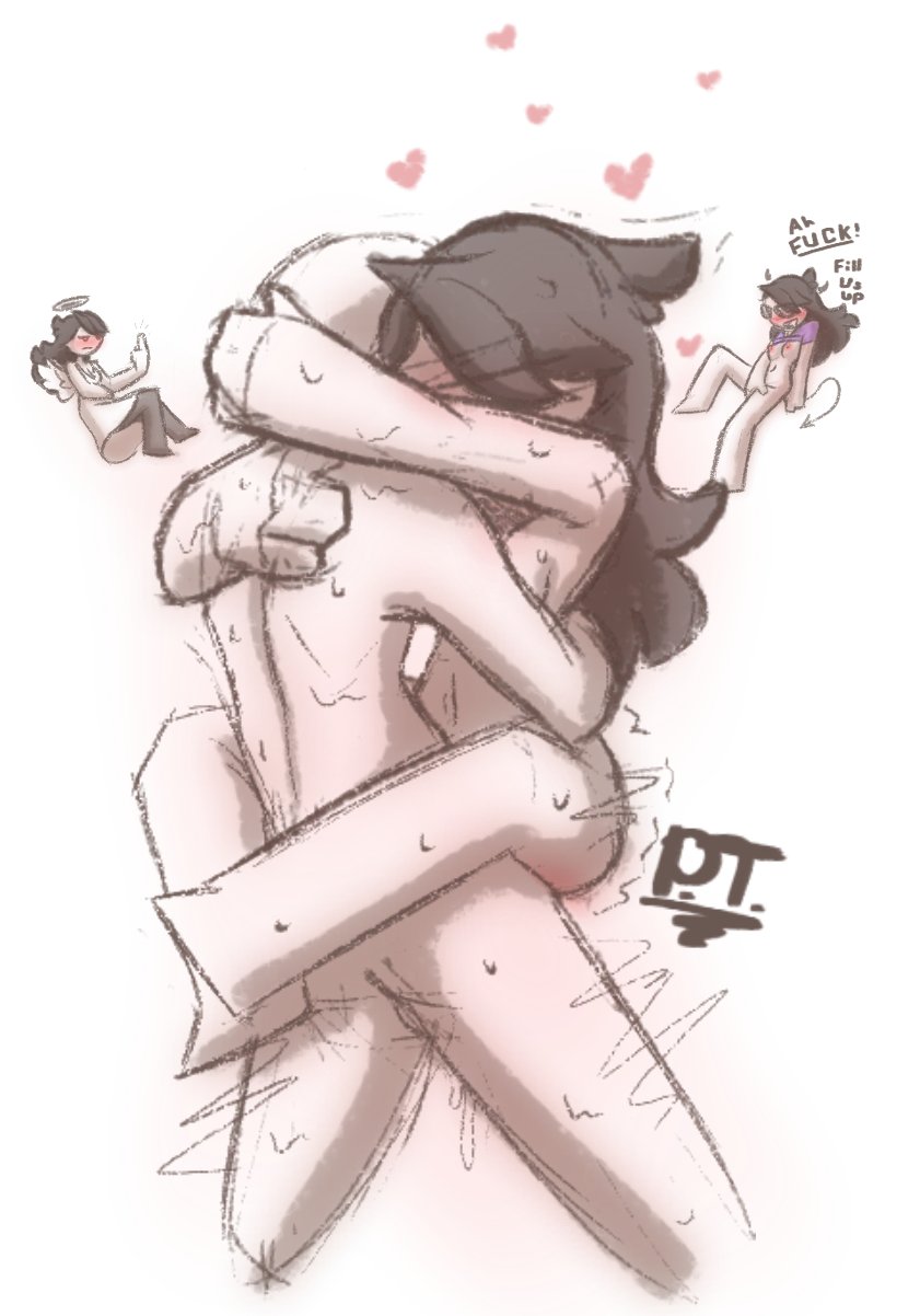 1boy 1girls angel angel_wings blush brown_hair devil female heart hugging jaiden jaiden_animations jaiden_friend jaidenanimations jonathanpt leg_hug leg_lock male nude sex straight sweat text white_background white_skin youtube youtuber