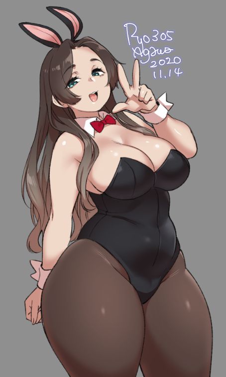 1girls, big breasts, breasts, bunny ears, bunny girl, bunnysuit, detached collar, detached sleeves, female, large breasts, leotard, looking at viewer, pantyhose, ryo agawa, solo, thick thighs, wide hips