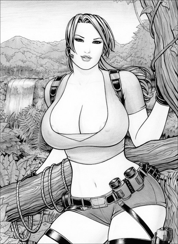 areola_slip areolae belt binoculars branch breasts cleavage clothed day detailed female female_only front_view fully_clothed gloves grenade greyscale gun handgun huge_breasts human jungle lara_croft lara_croft_(classic) looking_at_viewer medium_hair midriff monochrome nipple_bulge outdoors parted_lips pistol rope rplatt short_shirt short_shorts shorts sky solo standing straight_hair tomb_raider tree vine waterfall