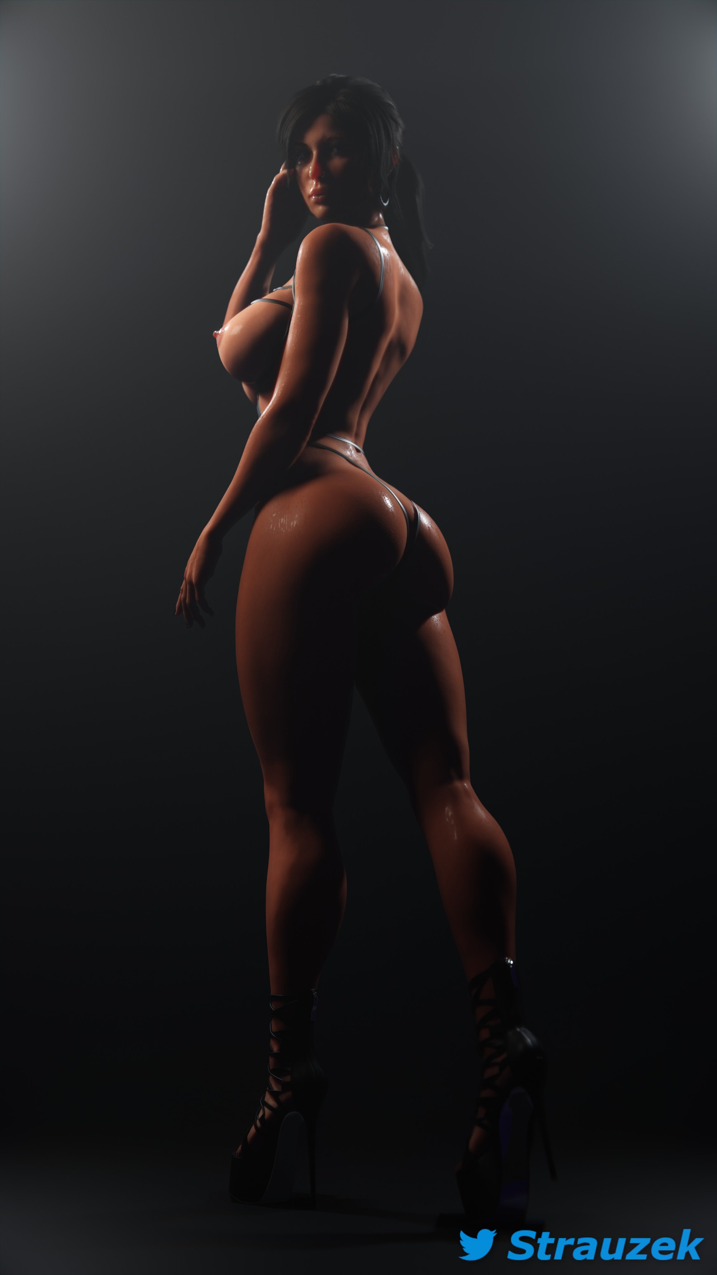 1girls, 3d, 3d (artwork), areolae, ass, big breasts, breasts, brown eyes, brown hair, bubble ass, bubble butt, busty, curvaceous, curvy, earrings, erect nipples, female, female focus, female only, high heels, hourglass figure, lara croft, lara croft (survivor), long hair, makeup, naked footwear, naked heels, nipple piercing, nipples, nose piercing, nude, nude female, nudity, piercing, pinup, pinup pose, platform heels, ponytail, pose, posing, solo, standing, strauzek, tied hair, tomb raider, tomb raider (survivor), voluptuous, wide hips