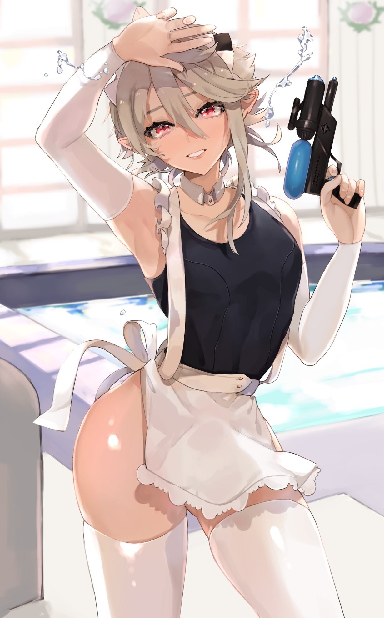 1boy, abs, armpits, arms up, ass, corrin (fire emblem), corrin (fire emblem) (male), crossdressing, femboy, fire emblem, fire emblem fates, girly, ki9, male, male focus, male only, nintendo, pointy ears, red eyes, smile, solo, thick thighs, thighhighs, toned, toned male, w (1999 kyu), white hair