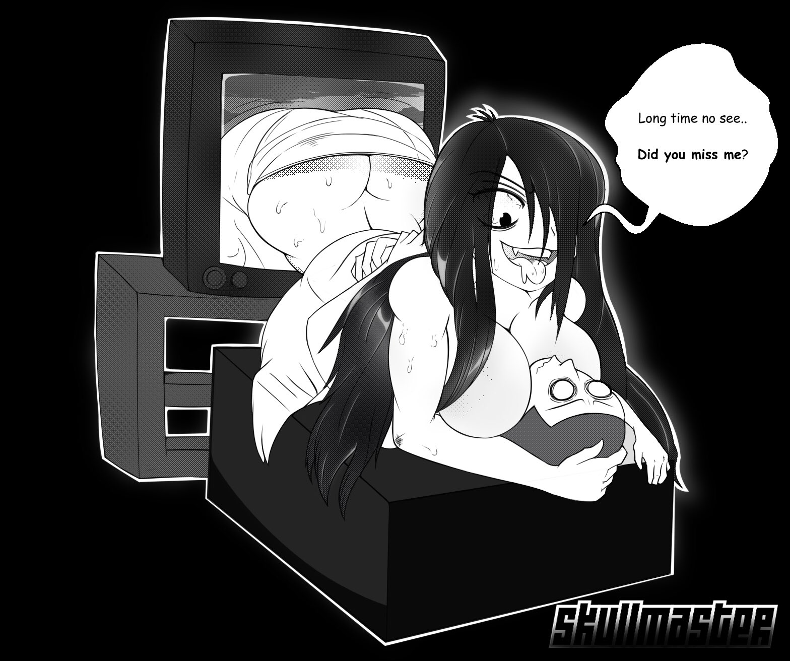 1boy, 1girls, ass, ass crack, black hair, breast smother, breasts, butt crack, cleavage, english text, female, ghost, ghost girl, hair over one eye, horny, huge ass, human, imminent sex, indoor, large breasts, laying, laying on stomach, long hair, looking at viewer, male, male human/female ghost, monochrome, open mouth, scattopumexanimate, seductive, seductive smile, smile, straight, television, text, the ring, tongue, tongue out, yamamura sadako