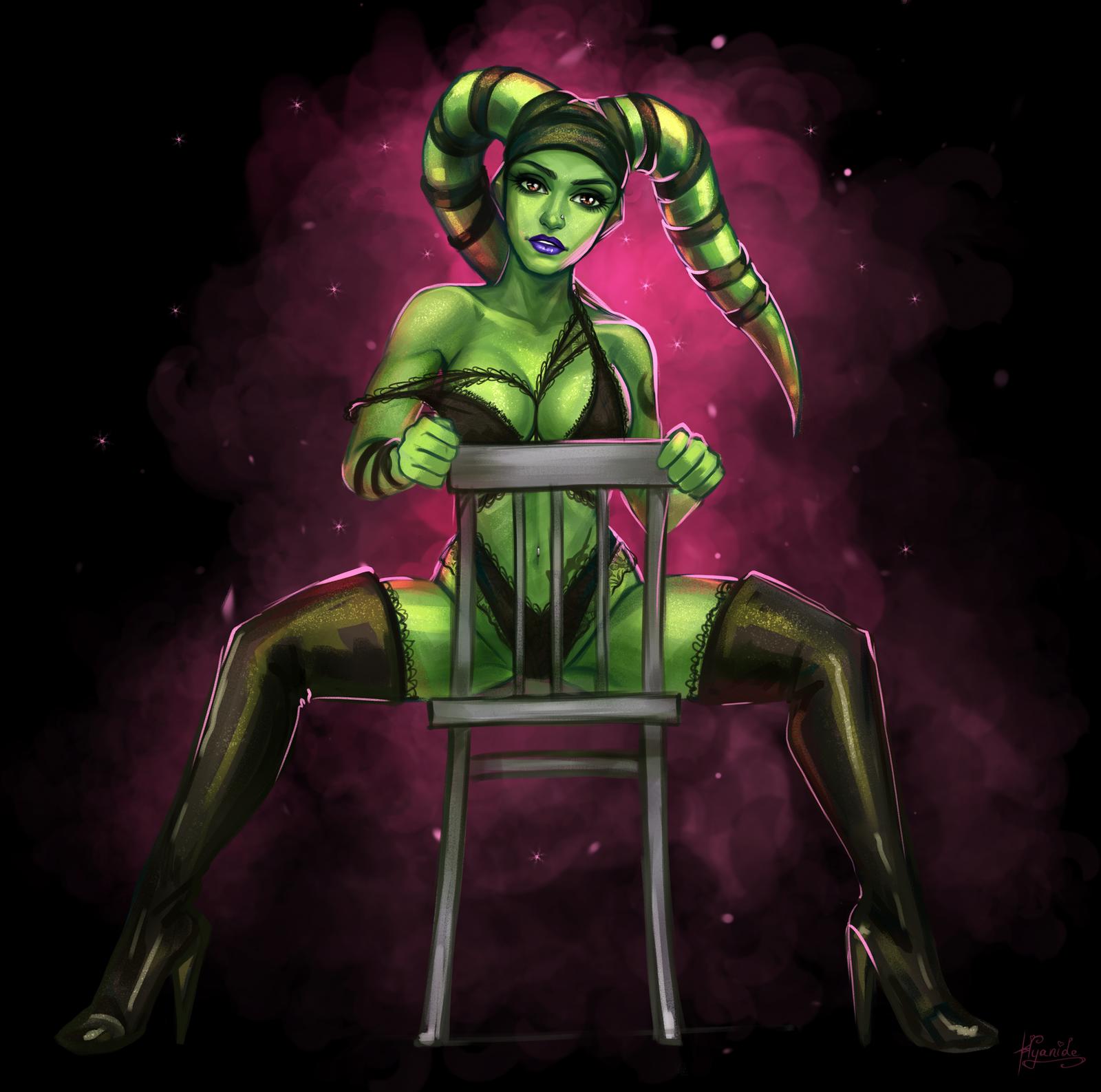 1girls, alien, belly, boots, bra, breasts, brown eyes, chair, cleavage, clothed, clothing, dancer, eyelashes, female, female only, footwear, green skin, headdress, headwear, high heel boots, high heels, hyanidae, large breasts, lekku, lingerie, lipstick, long boots, looking at viewer, navel, navel piercing, nose piercing, panties, piercing, shoes, sitting on chair, smoke, solo, star wars, stripper, thigh high boots, twi'lek, underwear, violet lipstick, voluptuous