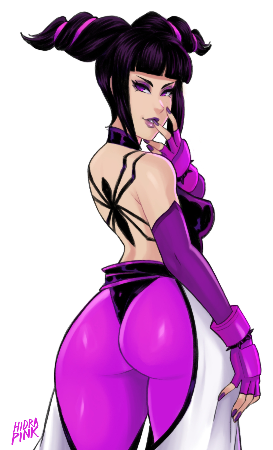 artist name, asian, ass, ass focus, athletic, athletic female, big ass, big butt, breasts, brunette, elbow gloves, eyelashes, female, female focus, female only, fighter, fully clothed, hidrapink, high resolution, juri han, long eyelashes, long hair, looking at viewer, looking back, posing, purple clothing, purple elbow gloves, purple eyes, purple gloves, purple lips, purple lipstick, purple nail polish, purple nails, simple background, slender waist, slim waist, smile, solo, solo female, solo focus, spider tattoo, spiked bracelet, standing, street fighter, street fighter iv, tattoo on back, tight clothes, tight clothing, tight fit, tight pants, twintails, twitter, twitter username, video games, white background