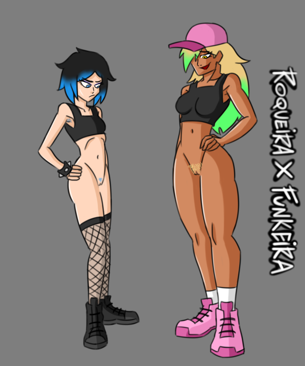 2020 2girls black_hair blonde_hair blue_eyes blue_hair body_difference chocolate_and_vanilla comparing comparison evilgirl female female_only female_pubic_hair green_hair grey_background hat long_hair luna_(evilgirl) multiple_girls nathalia_(evilgirl) original original_characters pubic_hair pussy serious short_hair smile smiling standing tank_top yellow_eyes yellow_hair