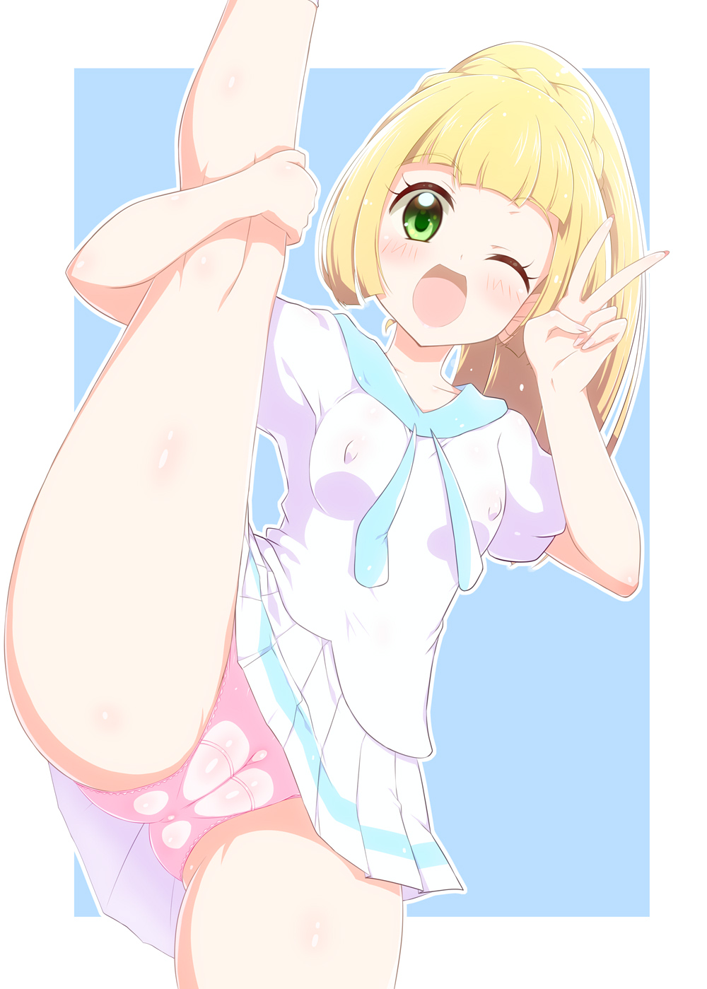 1girls, blonde hair, blush, cameltoe, female, female only, green eyes, leg hold, leg up, lillie (pokemon), long hair, looking at viewer, nintendo, nipple bulge, nipples visible through clothing, panties, peace sign, pokemon, pokemon sm, pussy, solo, splits, standing on one leg, thick thighs, thighs, vertical splits, yakisova ufo