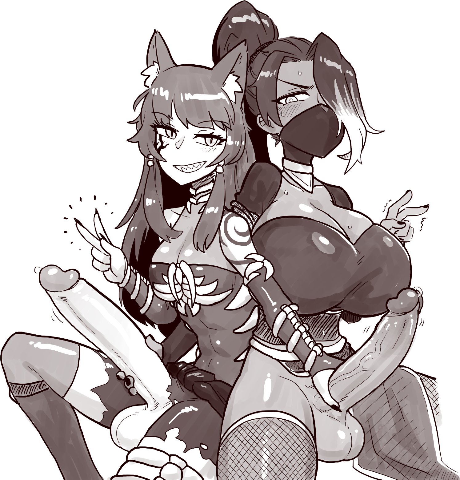2futas, animal ears, balls, big balls, breast size difference, breasts, clothed, clothing, commission, dark skin, duo, ear tuft, erection, fox ears, futa on futa, futa only, futanari, handjob, huge breasts, huge cock, human, humanoid, humanoid penis, intersex, kemonomimi, long hair, long penis, looking at viewer, mask, monochrome, mostly clothed, mutual handjob, mutual masturbation, pale skin, penis, penis size difference, ponytail, sitting, tattoo, thetenk, thighhighs, v, v sign