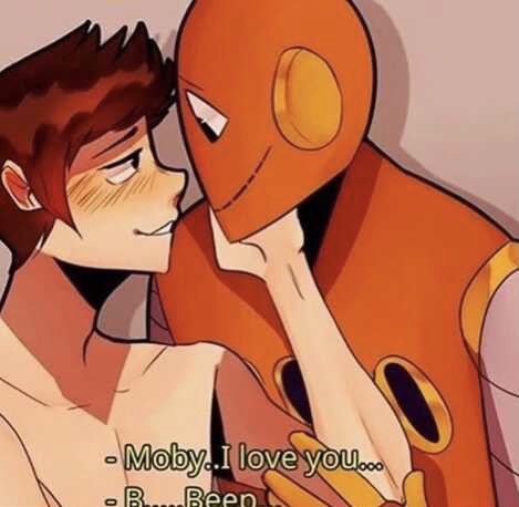 2boys blush blushing brainpop brown_hair dialogue english_text gay human moby_(brainpop) naked no_shirt nude onomatopoeia passionate robot robot_boy robot_humanoid shirtless smile tagme tim_(brainpop) tim_and_moby