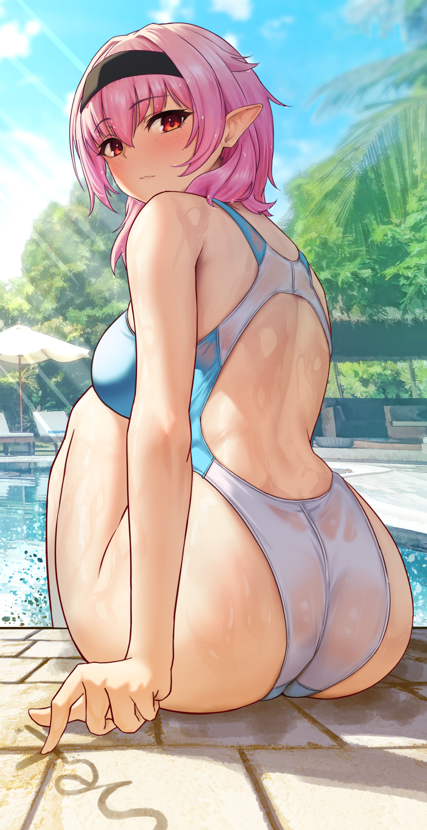 1girls ass back_cutout bangs big_ass big_butt blush breasts clothing_cutout elf from_behind hairband happymonk knee_up large_ass large_breasts leaning_forward looking_at_viewer looking_back original pink_hair pointy_ears pool poolside skindentation solar_(happymonk) solo swimsuit thick_ass thick_thighs thighs turning_head writing