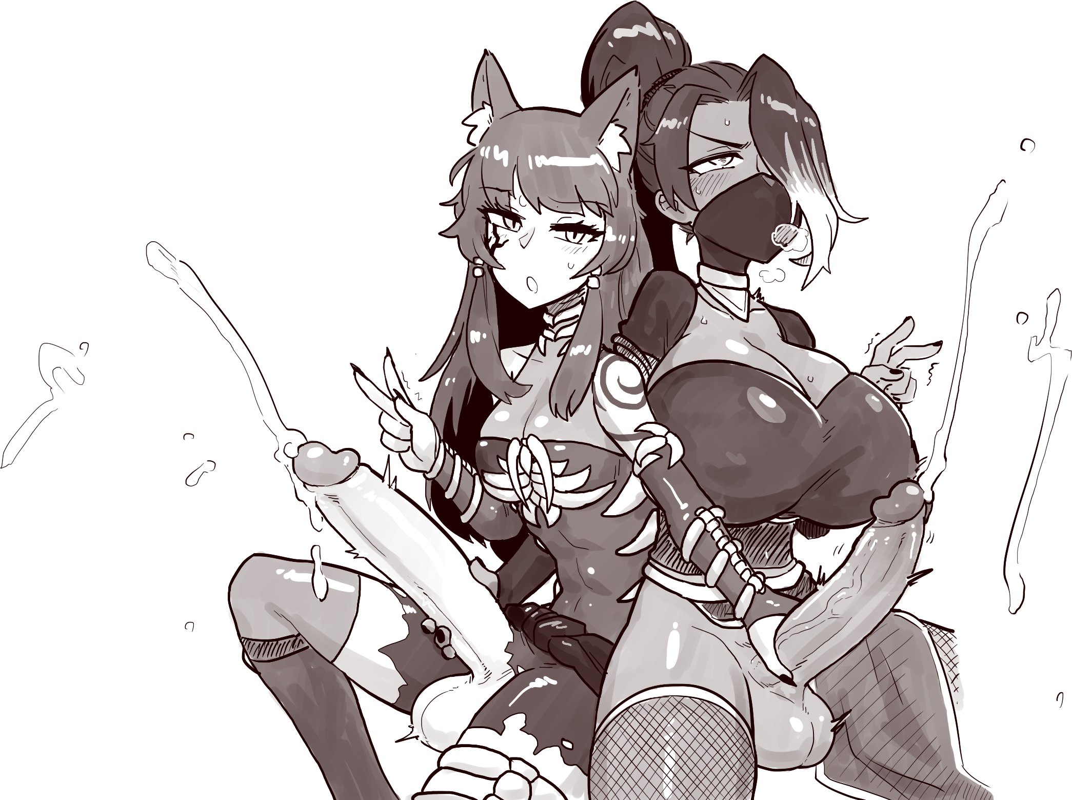2futas, animal ears, balls, big balls, breast size difference, breasts, clothed, clothing, commission, cum, cumshot, dark skin, duo, ear tuft, ejaculation, erection, fox ears, futa on futa, futa only, futanari, handjob, huge breasts, huge cock, human, humanoid, humanoid penis, intersex, kemonomimi, long hair, long penis, looking at viewer, mask, monochrome, mostly clothed, mutual handjob, mutual masturbation, orgasm, pale skin, penis, penis size difference, ponytail, sitting, tattoo, thetenk, thighhighs, v, v sign