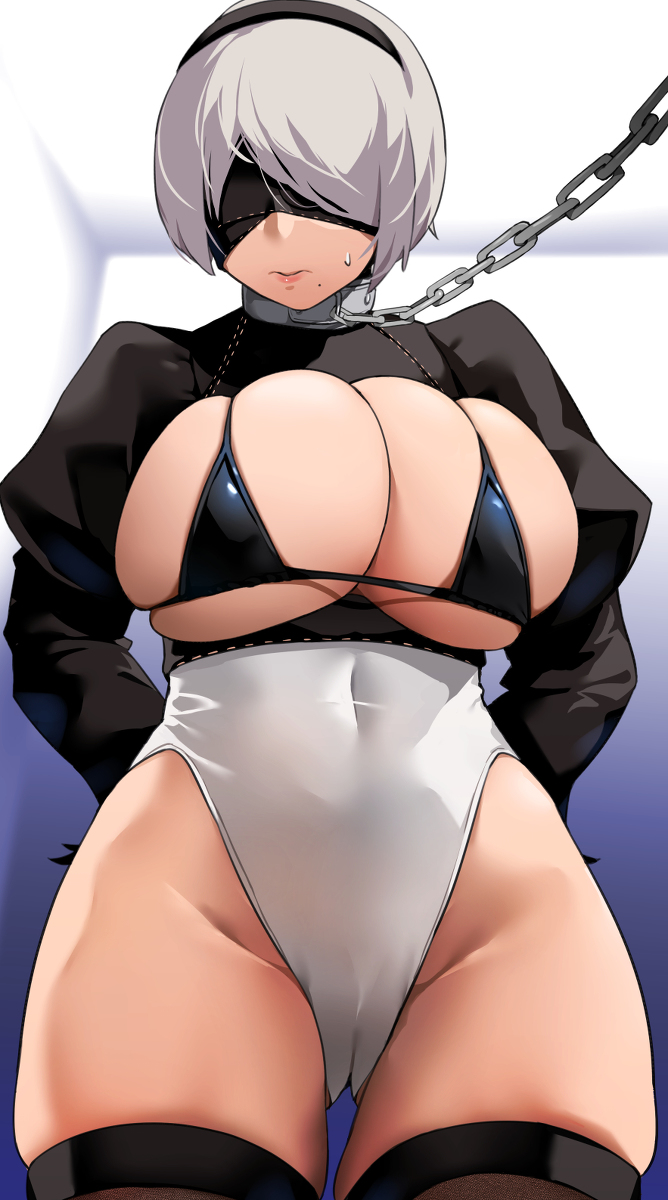 1girls, android, bakkanki, big breasts, blindfold, breasts, cameltoe, chained up, collared, emotionless, expressionless, female, female only, leotard, nier (series), nier: automata, pussy, sex slave, short hair, slave, tagme, uncomfortable, white hair, yorha 2b