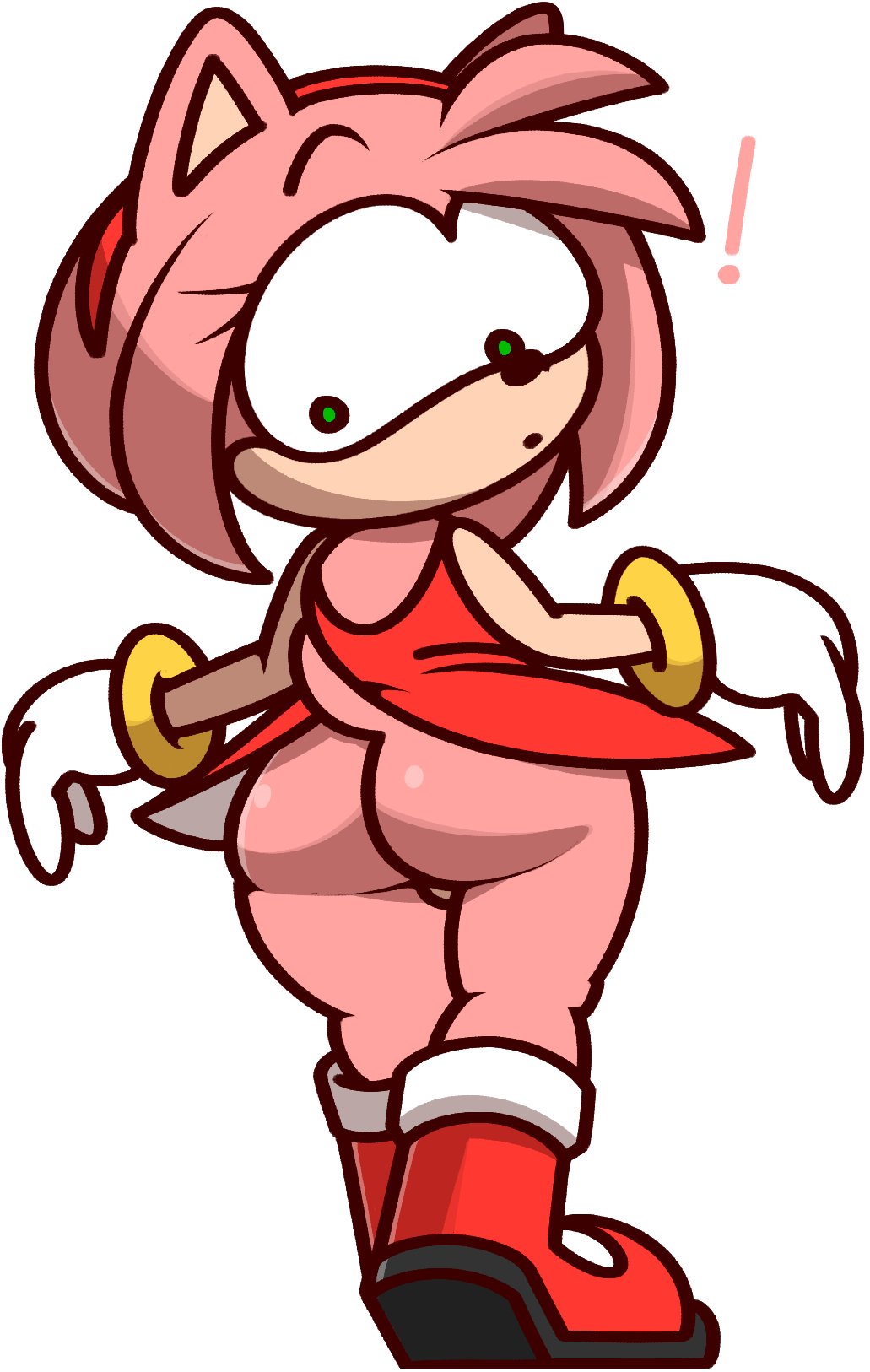 !, 1girls, accidental exposure, amy rose, ass, clothing, dress, exposed ass, female, hedgehog, looking back, red dress, red shoes, simple background, sonic (series), surprised, thick thighs, vilepluff, wardrobe malfunction, white background