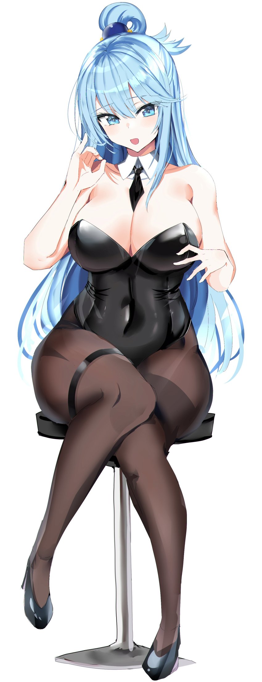 1girls, aqua (konosuba), bangs, big breasts, blue eyes, blue hair, breasts, curvaceous, curvy, female, female focus, female only, goddess, hair, hair between eyes, hair ornament, hair ribbon, hanasaka houcha, heels, kono subarashii sekai ni shukufuku wo!, large breasts, legwear, leotard, long hair, open mouth, pantyhose, shiny hair, tagme, thick thighs, very long hair, voluptuous