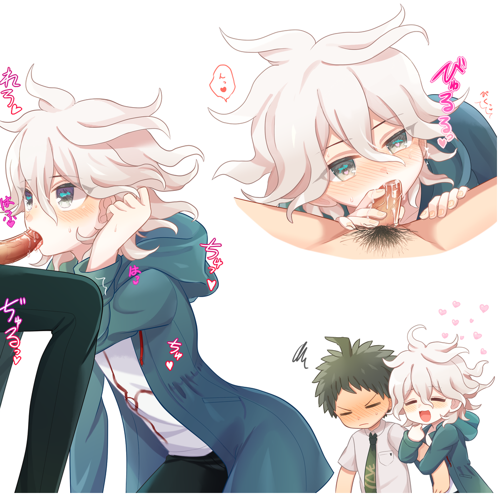 2boys, ahoge, blush, clothing, cum in mouth, cute, danganronpa, danganronpa 2: goodbye despair, fellatio, heart-shaped pupils, hinata hajime, japanese text, koseiya, male, nagito komaeda, penis, straight hair, sucking, tagme, yaoi