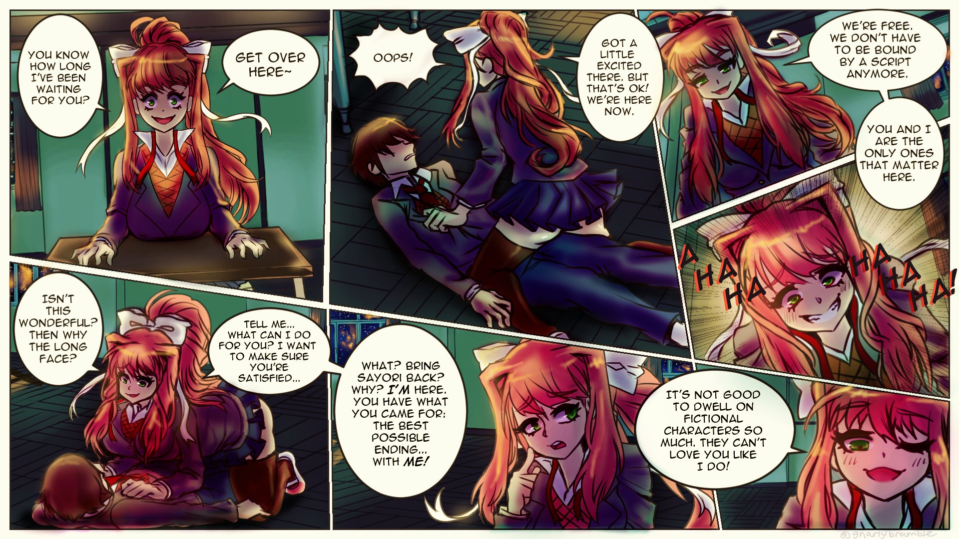 1boy, 1girls, blush, comic, dialogue, doki doki literature club, female, femdom, gnarlybramble, long hair, male, monika (doki doki literature club), ponytail, rape, reverse rape, school uniform, text, yandere