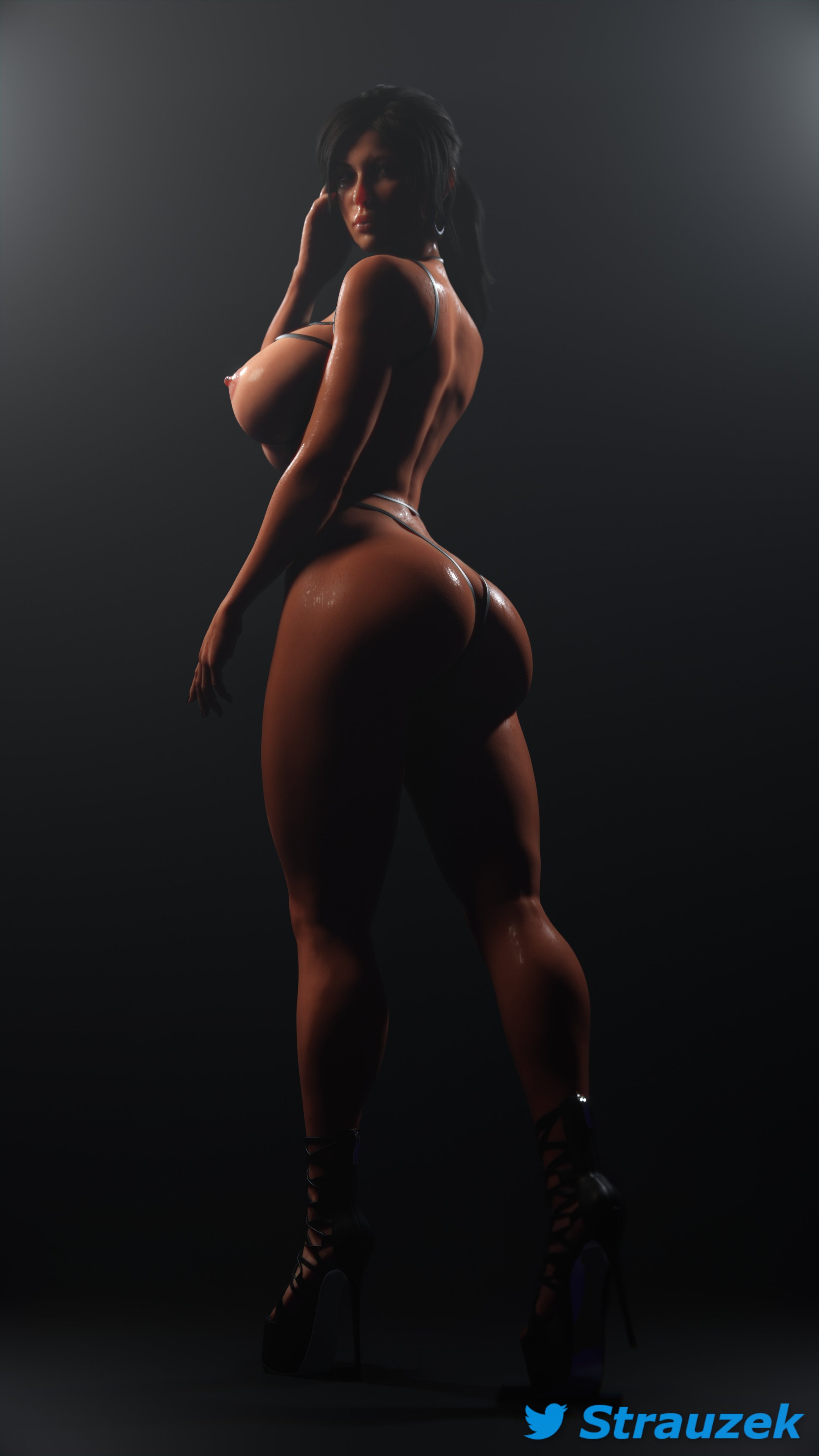 1girls, 3d, 3d (artwork), areolae, ass, big breasts, breasts, brown eyes, brown hair, bubble ass, bubble butt, busty, curvaceous, curvy, earrings, erect nipples, female, female focus, female only, high heels, hourglass figure, lara croft, lara croft (survivor), long hair, makeup, naked footwear, naked heels, nipple piercing, nipples, nose piercing, nude, nude female, nudity, piercing, pinup, pinup pose, platform heels, ponytail, pose, posing, solo, standing, strauzek, tagme, tied hair, tomb raider, tomb raider (survivor), voluptuous, wide hips