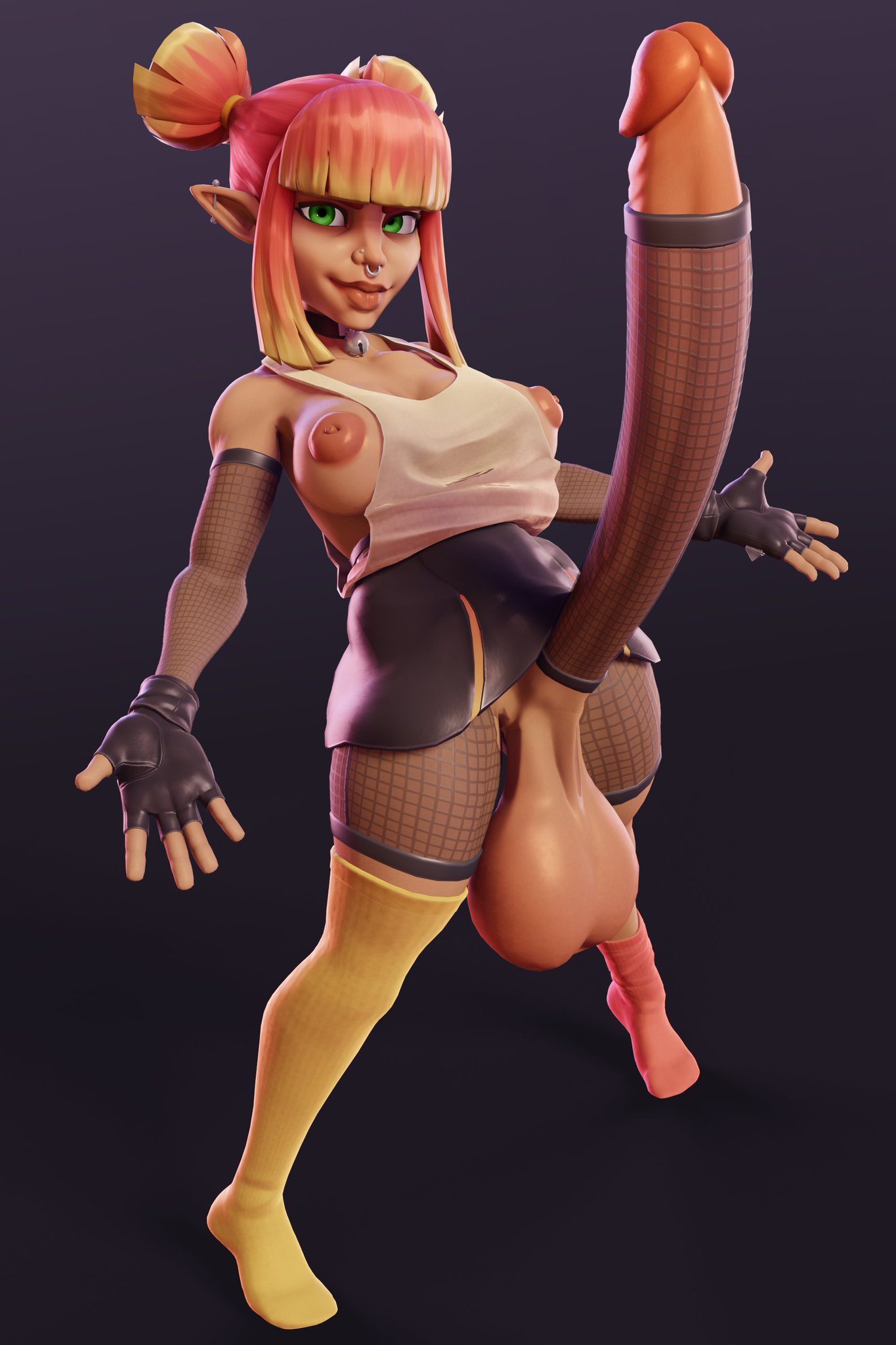 1futa, 3d, balls, big balls, big penis, breasts, clothing, ear piercing, eddie (yikes), exposed balls, exposed breasts, exposed nipples, exposed penis, futa only, futanari, green eyes, huge balls, huge cock, intersex, nose piercing, orange hair, partially clothed, penis, piercing, septum piercing, solo futa, yikes