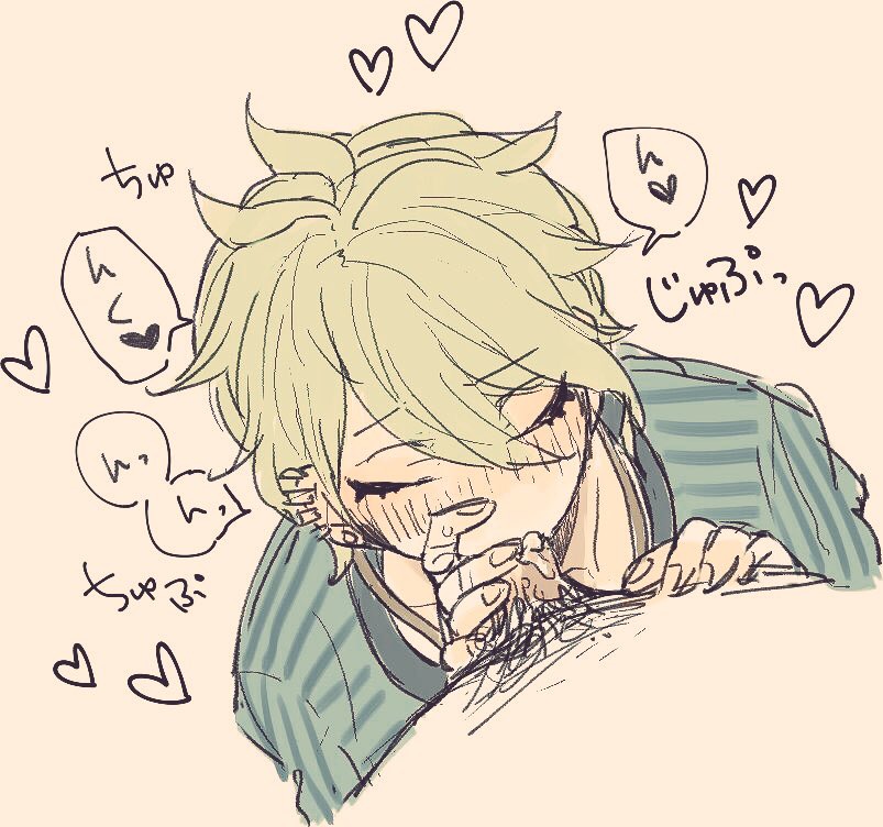 blush, closed eyes, clothing, danganronpa, danganronpa v3, fellatio, green eyes, japanese text, male, male only, penis, piercings, pov, rantaro amami, smooth skin, sucking, touching penis, yaoi