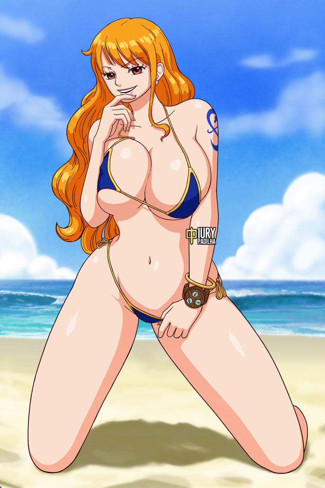 1girl, 1girls, 2024, arm tattoo, artist logo, artist name, beach, bikini, blue bikini, blue tattoo, bracelet, breasts, cleavage, earrings, female, female only, iury padilha, jewelry, kneeling, large breasts, log pose, logo, long hair, looking at viewer, nami (one piece), narrow waist, navel, one piece, orange eyes, orange hair, orange-haired female, post-timeskip, seductive smile, smile, solo, strip tease, swimsuit, tattoo, watermark