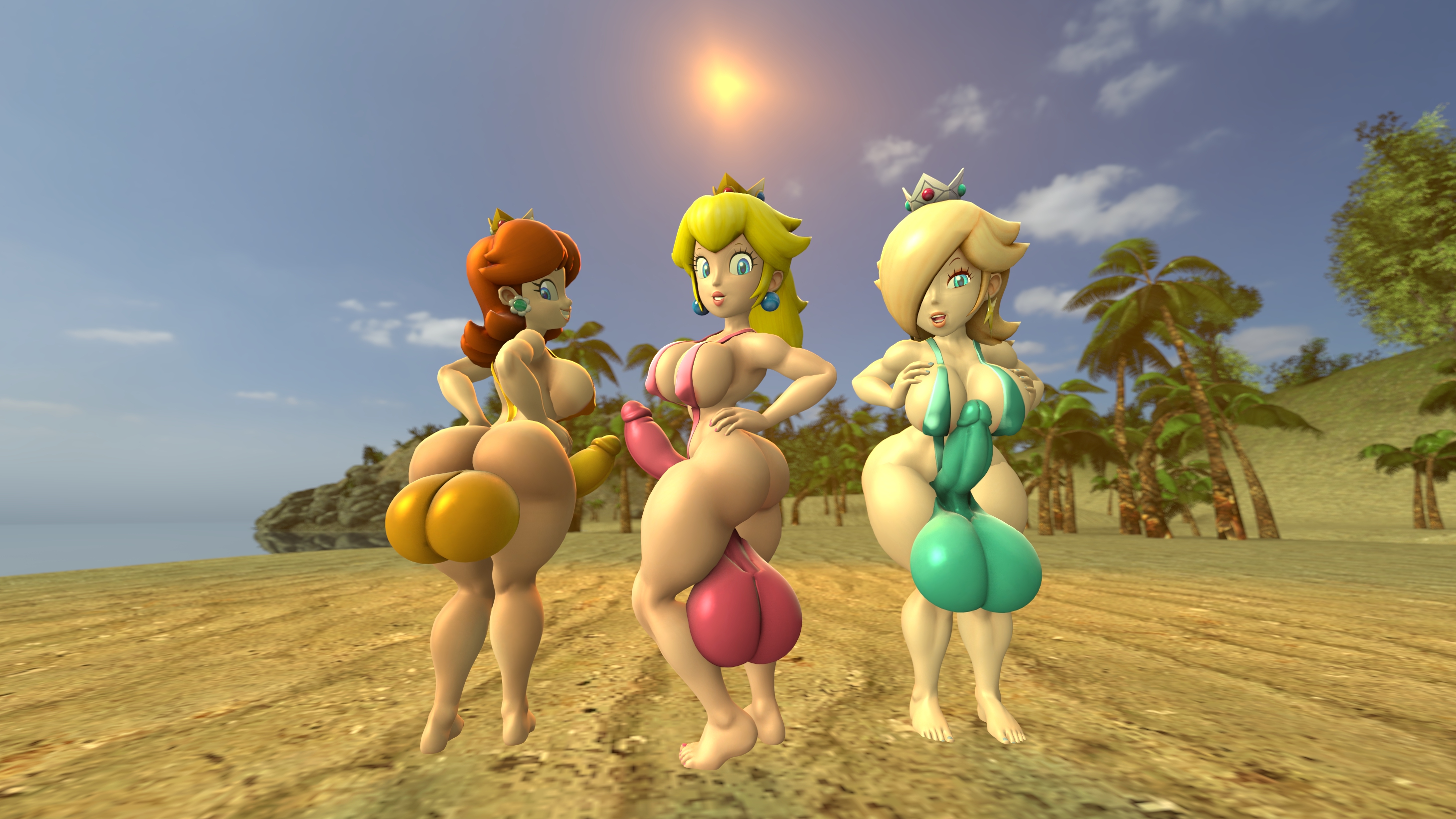 3d, 3d (artwork), 3futas, ass, balls, barefoot, beach, bikini, blonde hair, blue bikini, blue eyes, breasts, brown hair, bulge, cock sleeve (clothes), crown, dark skin, dark-skinned female, earrings, erection, erection under clothes, female, full body, futa only, futanari, huge ass, huge balls, huge breasts, huge cock, huge thighs, hyper, hyper balls, intersex, kabalmystic (style), light skin, light-skinned female, lipstick, looking at viewer, mario (series), multiple futa, nintendo, nipple bulge, outdoors, penis, pink bikini, pink lipstick, presenting hindquarters, princess daisy, princess peach, princess rosalina, shocking (artist), sky, sling bikini, source filmmaker, standing, swimsuit, teal eyes, trio, yellow bikini