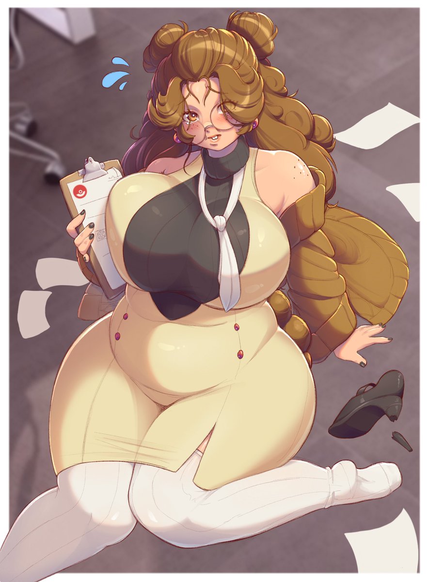 1girls, bbw, bidoof, blush, blushing, breasts, breasts bigger than head, broken heel, brown hair, buckteeth, chubby, chubby female, clipboard, earrings, embarrassed, embarrassed female, female, freckles, freckles on face, frozenmullet, glasses, hair, heels, huge breasts, humanization, humanized, humanized pokemon, long hair, office lady, painted nails, pokemon, pokemon (species), pokemon dppt, thick thighs, thighs, tie, white tie