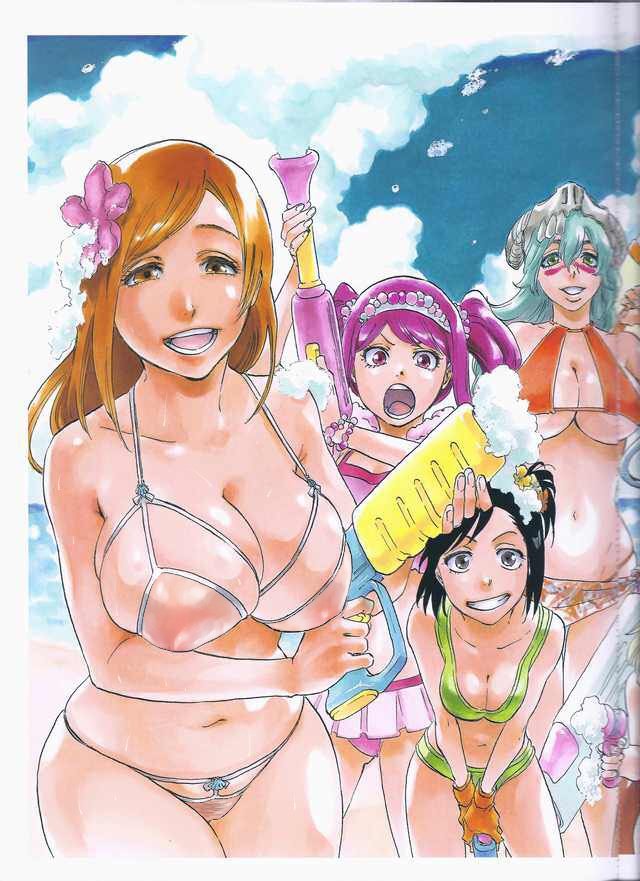 4girls beach black_hair bleach breasts cloud dokugamine_riruka female flower green_hair hair_flower hair_ornament inoue_orihime karin_kurosaki kurosaki_karin large_breasts long_hair maxi multiple_girls nelliel_tu_odelschwanck nipples orange_hair purple_hair revealing_clothes smile swimsuit third-party_edit tite_kubo water_gun