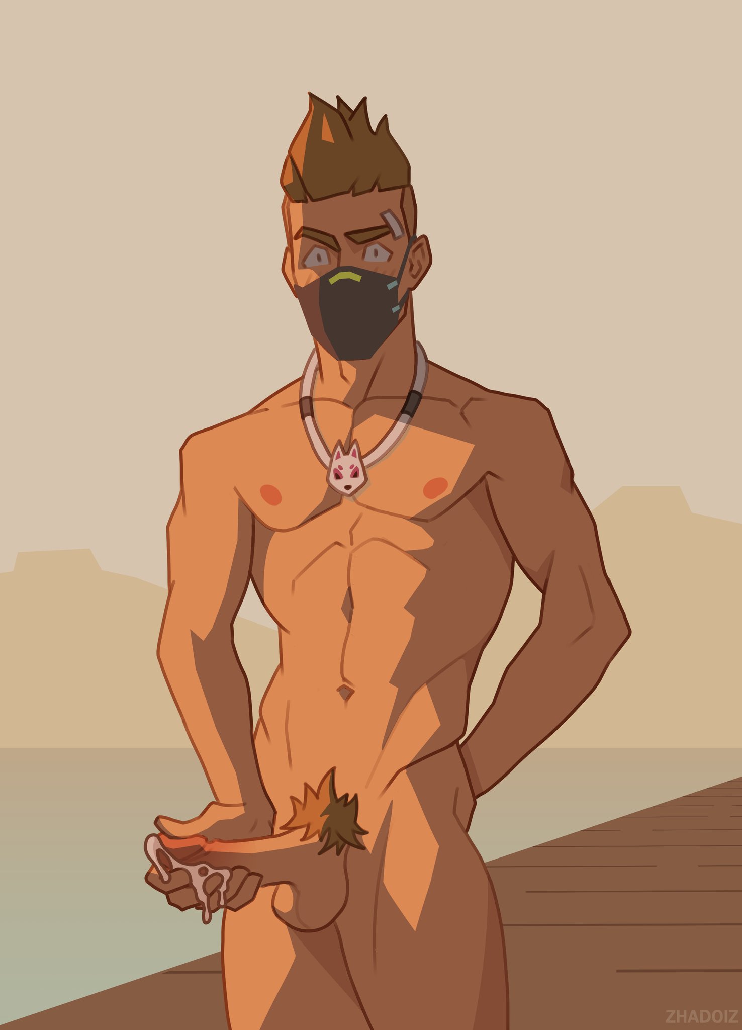 1boy, blush, cum, drift (fortnite), fortnite, gay, looking at viewer, male, male only, mask, masturbation, penis, solo, tagme, touching penis