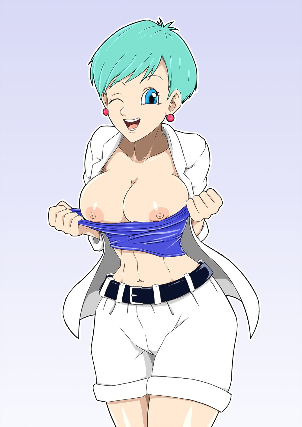 1girls belt big_breasts blue_eyes blue_hair breasts bulma_briefs bulma_briefs_(beginnings_of_dragon_ball_z) clothing dragon_ball dragon_ball_z earrings female female_only human human_only large_breasts looking_at_viewer milf nipples short_hair smile solo tubetop uncensored wink ydraw4fun