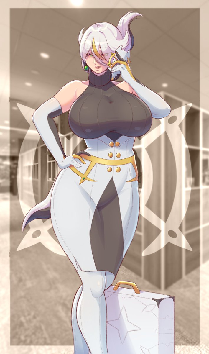 1girls, arceus, big breasts, breasts, briefcase, earrings, female, frozenmullet, gjinka, green sclera, huge breasts, humanization, humanized, humanized pokemon, legendary pokemon, multicolored hair, office lady, on the phone, phone, pokemon, pokemon (species), pokemon dppt, red eyes, tail, white hair