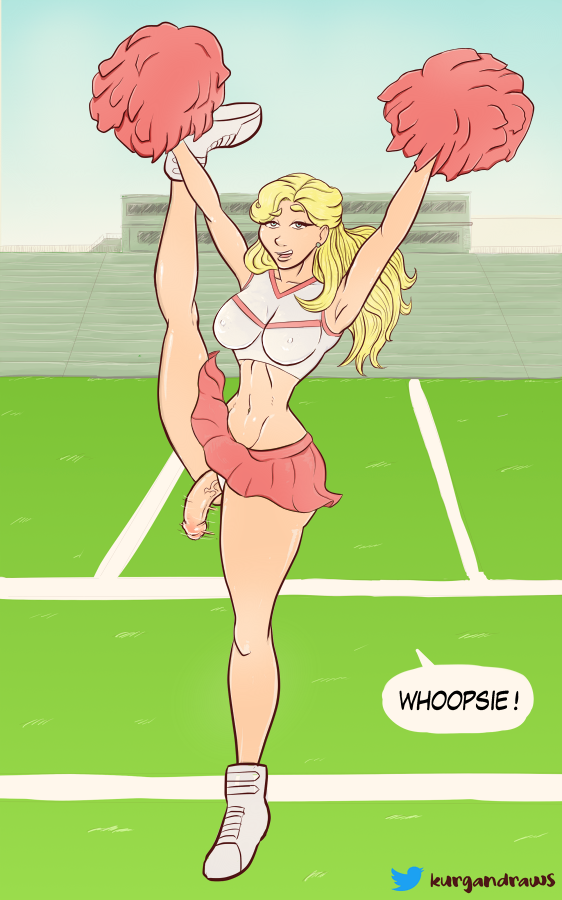 1futa accidental_exposure blonde_hair blue_eyes cheerleader cheerleader_uniform color dialogue ear_piercing exposed_penis field football_field futa_only futanari kurgandraws long_hair looking_at_viewer midriff miniskirt navel nipple_bulge one_leg_up panties penis_slip penis_under_skirt pom_poms sneakers solo_futa text twitter_username wardrobe_malfunction white_panties