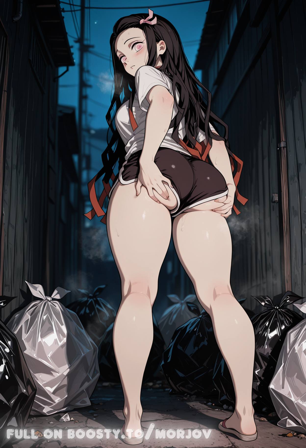 1girl, ai generated, ass, ass focus, ass grab, bag, demon slayer, dolphin shorts, hi res, highres, homeless, kamado nezuko, kimetsu no yaiba, large ass, large breasts, nezuko kamado, night, solo, street, trash, white shirt