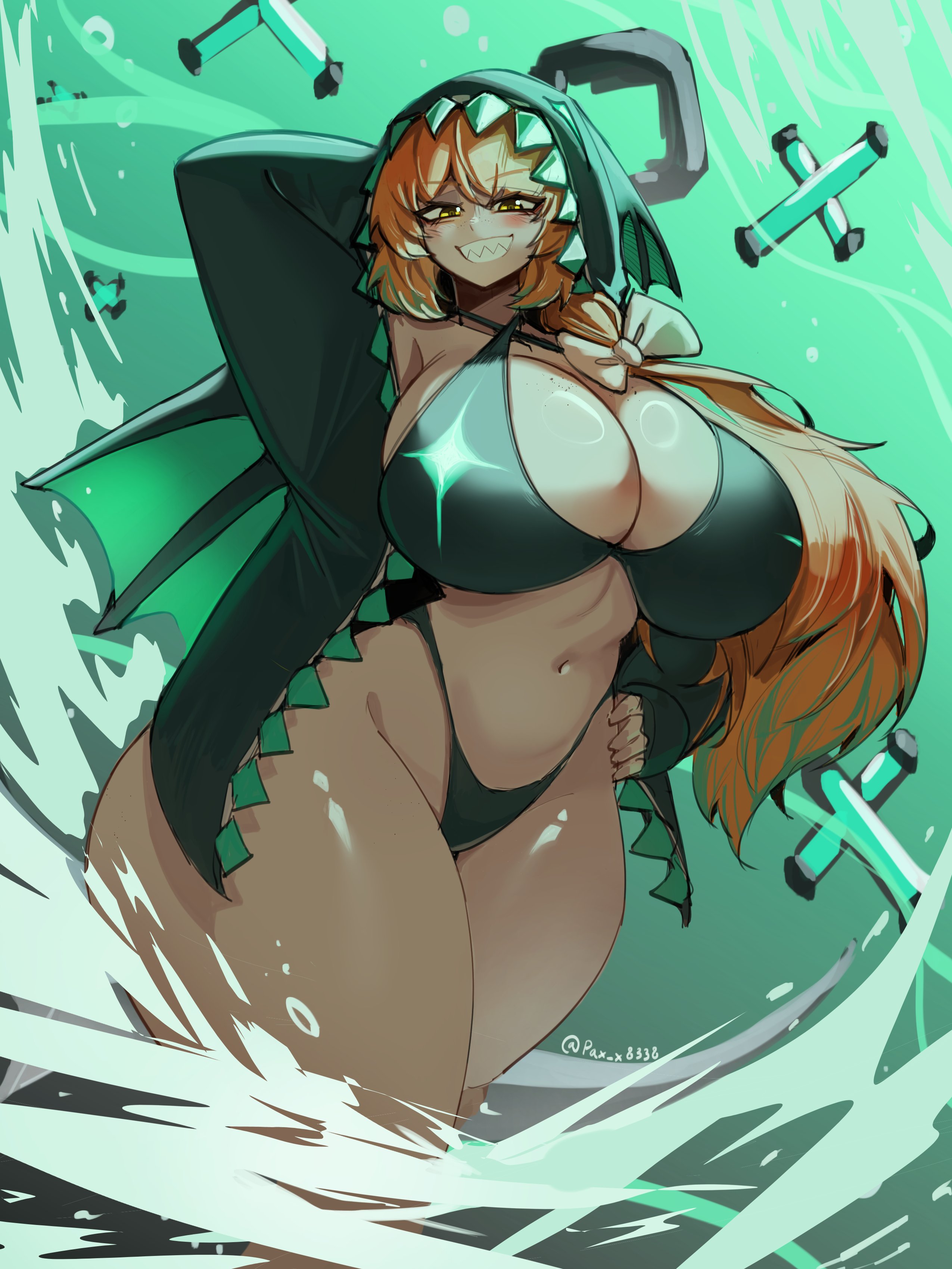 1girls, alternate version available, artist request, bikini, blind obsession ishmael (limbus company), blush, blushing, blushing female, bow, bow in hair, breasts, breasts bigger than head, e.g.o (project moon), female, hair, hoodie, huge breasts, huge thighs, ishmael (limbus company), limbus company, long hair, project moon, sharp teeth, teeth, teeth showing, thick thighs, thighs, white bow