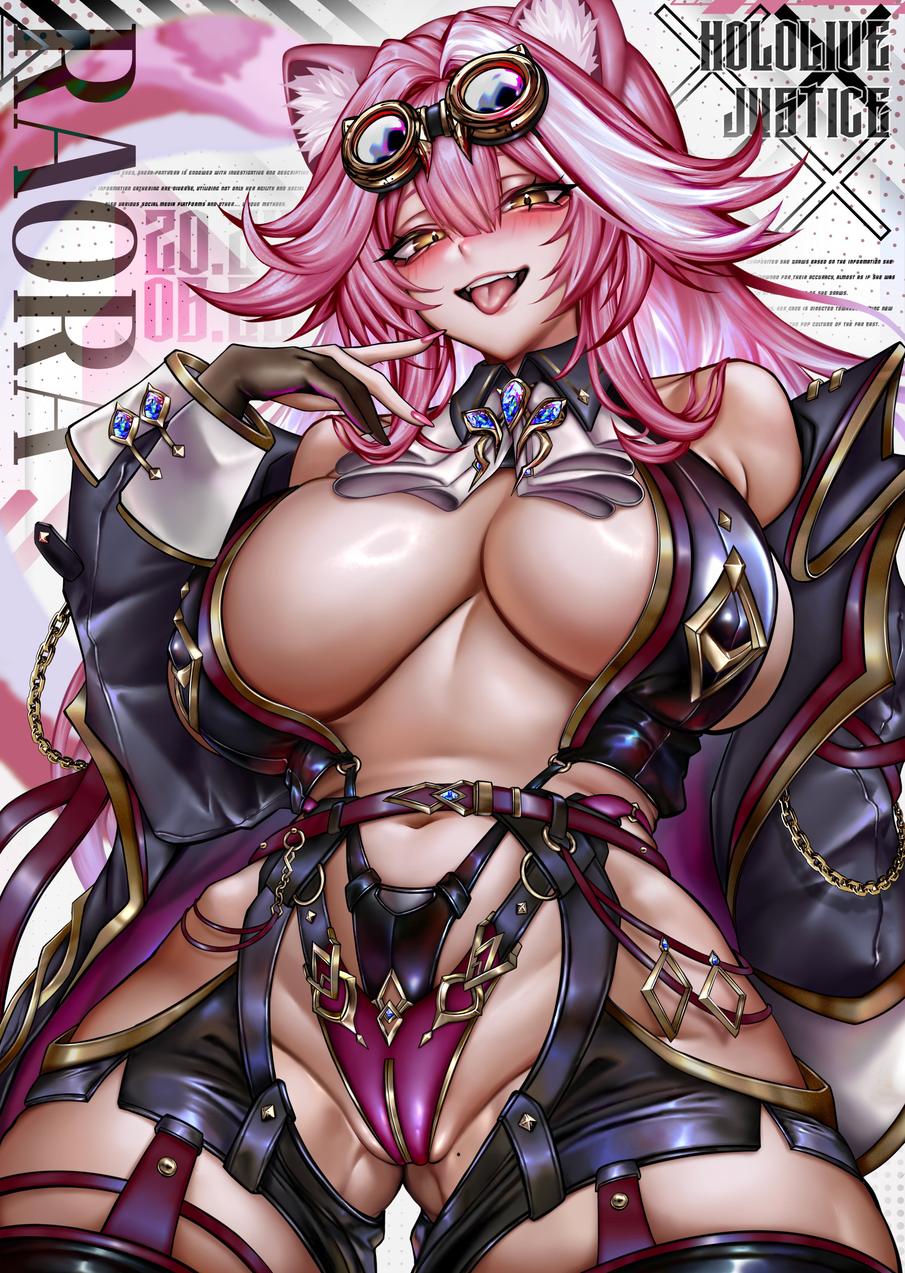 1girls, animal ears, artist glove, belt, belt buckle, blushing, blushing at viewer, breasts, chains, cleavage, clothed, clothed female, collar, covered nipples, covered pussy, crotch, crotch shot, crotchless shorts, day-0, female, garter straps, gem, gloves, goggles, goggles on head, hair between eyes, hair intakes, hair vents, heavy breasts, hololive, hololive english, hololive english -justice-, huge breasts, inner sideboob, jacket, jacket open, jewelry, kemonomimi, large breasts, leopard ears, leopard humanoid, leopard tail, light skin, light-skinned female, long hair, looking at viewer, mouth open, multicolored hair, navel, painted nails, panties, pink hair, pink nails, raora panthera, sagging breasts, sideboob, simple background, skimpy, sleeves, snow leopard ears, snow leopard humanoid, snow leopard tail, solo, solo focus, stomach, thick thighs, thigh strap, thighhighs, thighs, tongue out, underboob, virtual youtuber, white background, white hair, white streak, yellow eyes