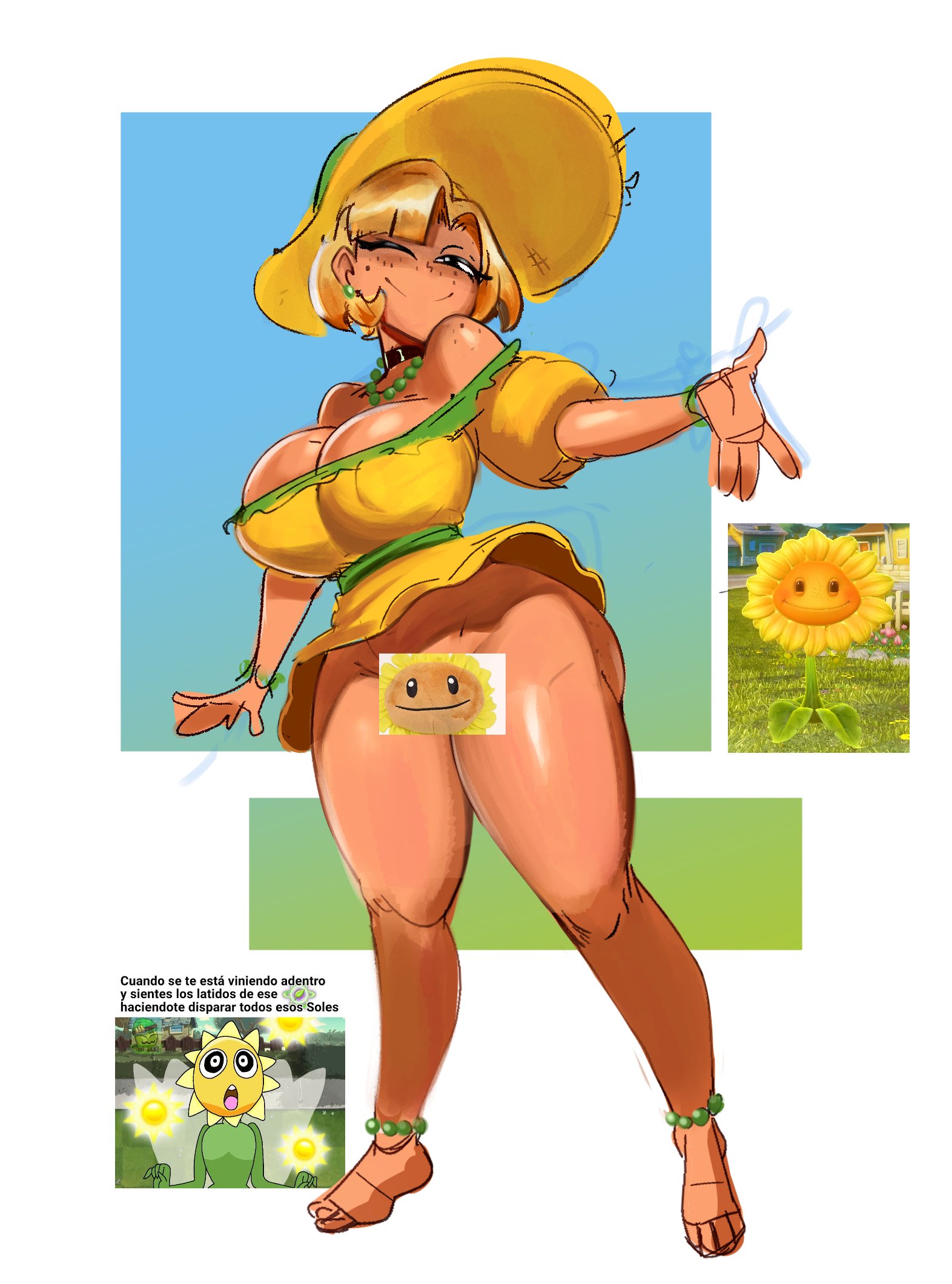 1girls, female, female focus, female only, garp sand, humanized, humanoidized, large breasts, looking at viewer, meme, meme in the background, no panties, plants vs zombies, skirt, skirt lift, sunflower (pvz), tanned skin, without underwear, work in progress