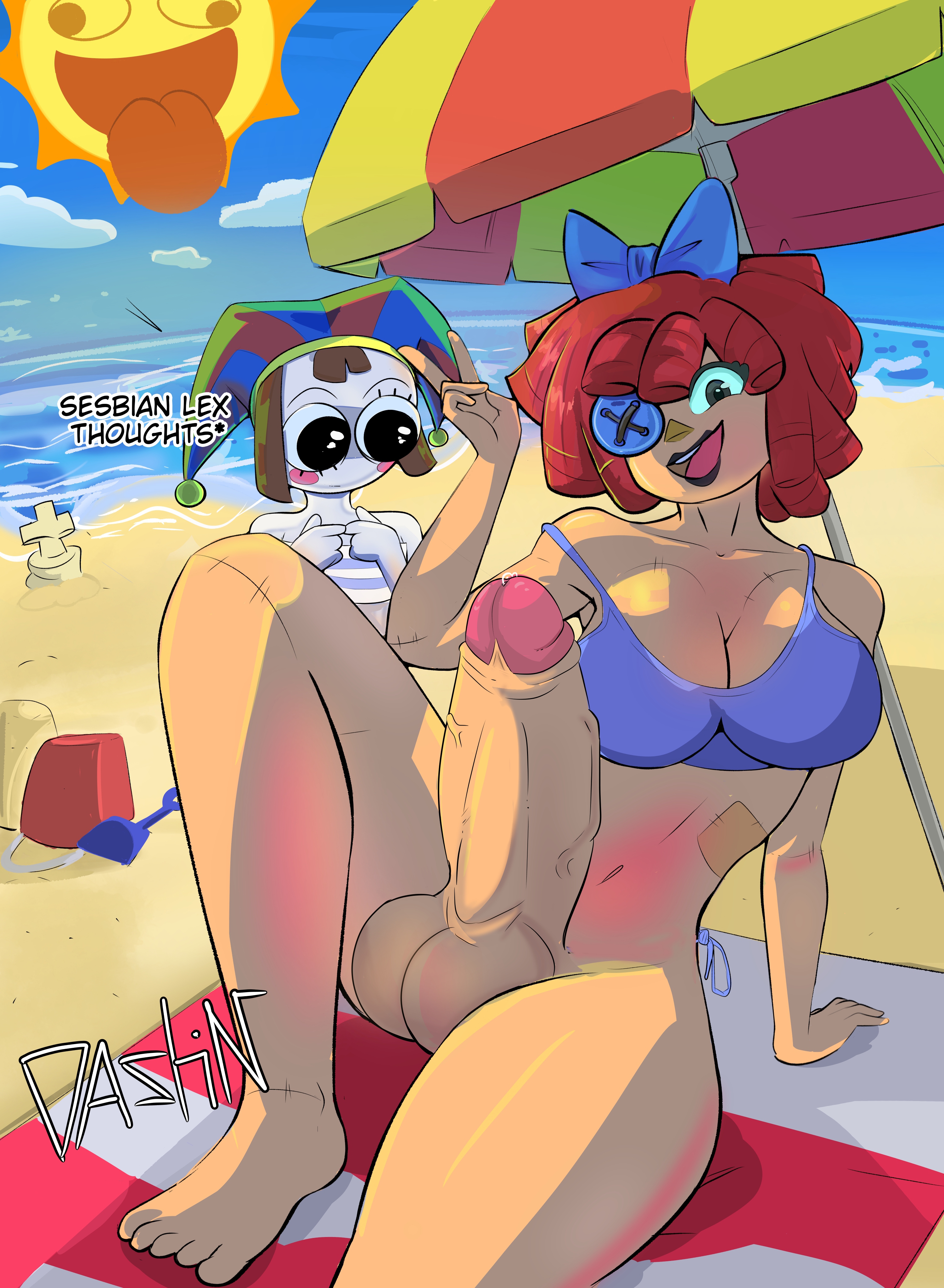1futa, 2girls, barefoot, beach, beach background, big breasts, big dick, bikini, bikini bottom, blush, breasts, brown hair, button eyes, clothed, doll girl, embarrassed, feet, female, futa only, futanari, glitch productions, kinger (the amazing digital circus), laying down, pomni, pomni (beach outfit), pomni (the amazing digital circus), ragatha, ragatha (the amazing digital circus), red hair, sitting, sitting down, smile, smiling at viewer, smirking, swimsuit, the amazing digital circus, throbbing penis, towel, yuri