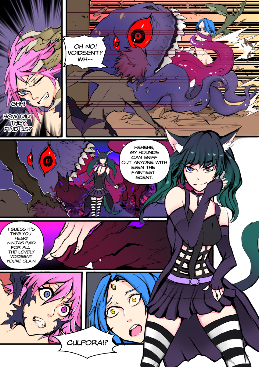 ass au_ra blue_hair breasts comic culpora decima demon final_fantasy final_fantasy_xiv goth gothic miqo'te monster ninja pink_hair sin_faye size_difference tentacle text tight_clothing topless xaela