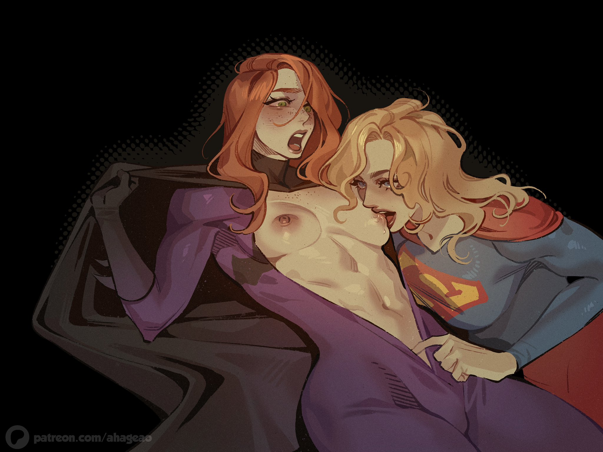 2girls, ahageao49, ahoguru, artist name, barbara gordon, batgirl, batgirl (barbara gordon), batman (series), big breasts, black background, blonde hair, blue eyes, bodysuit, bodysuit open, breasts out, clothed, clothed female, color, colored, dc, dc comics, female, female only, female/female, freckles, freckles on breasts, freckles on face, ginger hair, green eyes, kara zor-el, lesbian, light skin, light-skinned female, long hair, mouth on breast, mouth open, nipple play, nipple stimulation, partially clothed, partially clothed female, saliva, saliva drip, saliva on breasts, saliva trail, simple background, small breasts, solid color background, sucking nipples, supergirl, superhero costume, superman (series), undressing, undressing partner, watermark, yuri